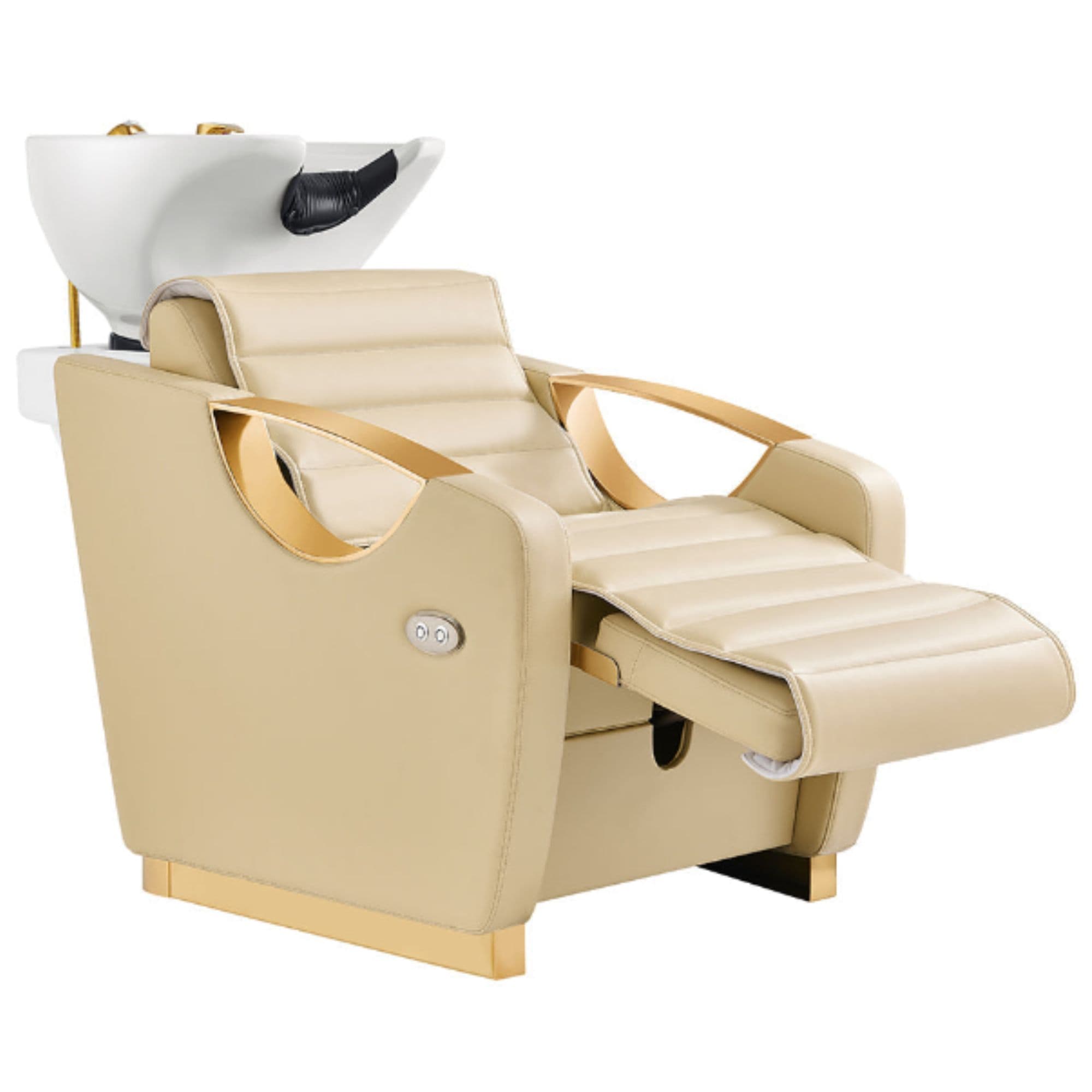 Victoria Gold Electric Shampoo Chair Beige Front Angled View Of White Single Shampoo Wash Station With Extended Leg Rest