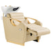 Victoria Gold Electric Shampoo Chair Beige Front Angled View Of White Single Shampoo Wash Station With Extended Leg Rest