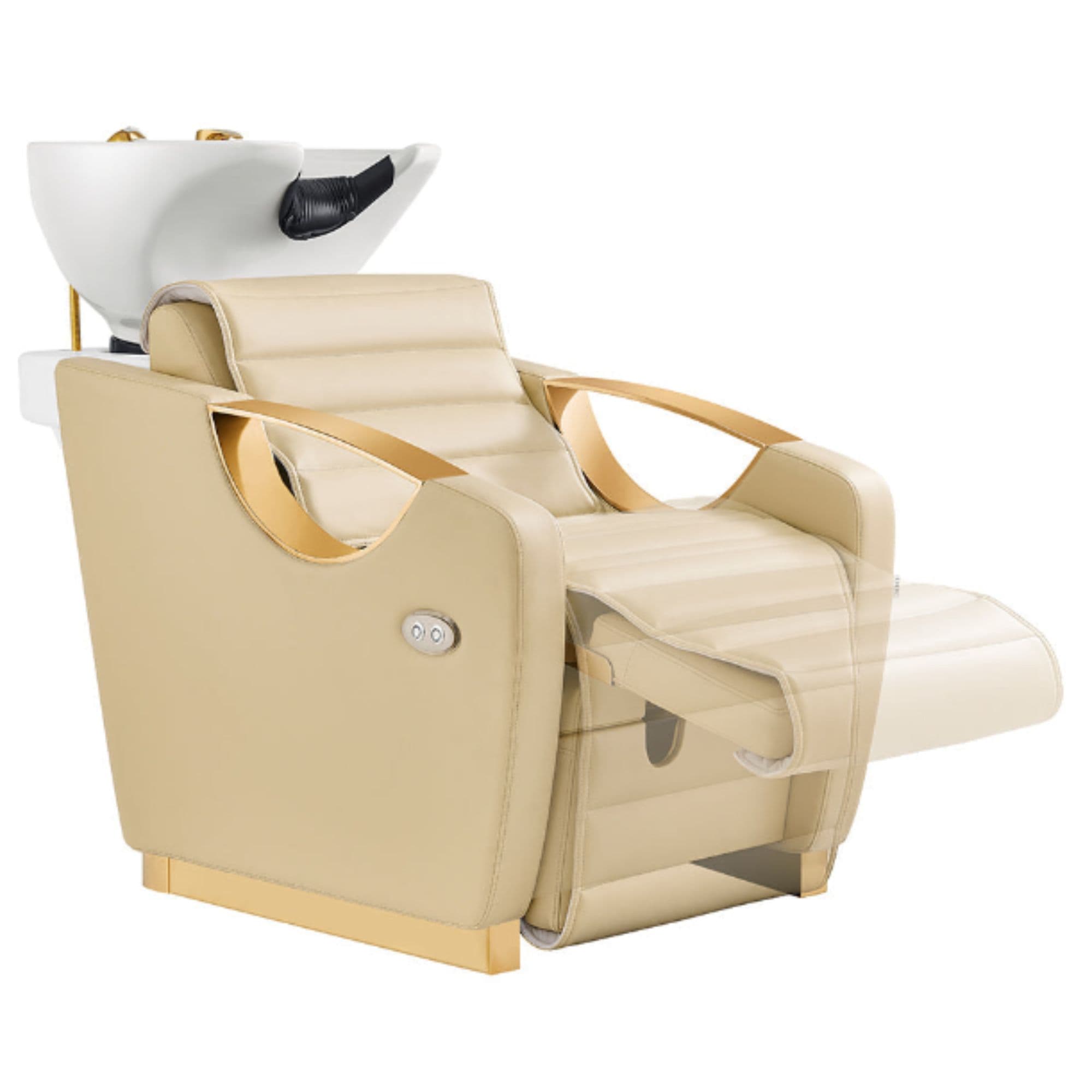 Victoria Gold Electric Shampoo Chair Beige Front Angled View Of White Single Shampoo Wash Station With Extended Leg Rest Demo