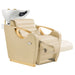 Victoria Gold Electric Shampoo Chair Beige Front Angled View Of White Single Shampoo Wash Station With Extended Leg Rest Demo