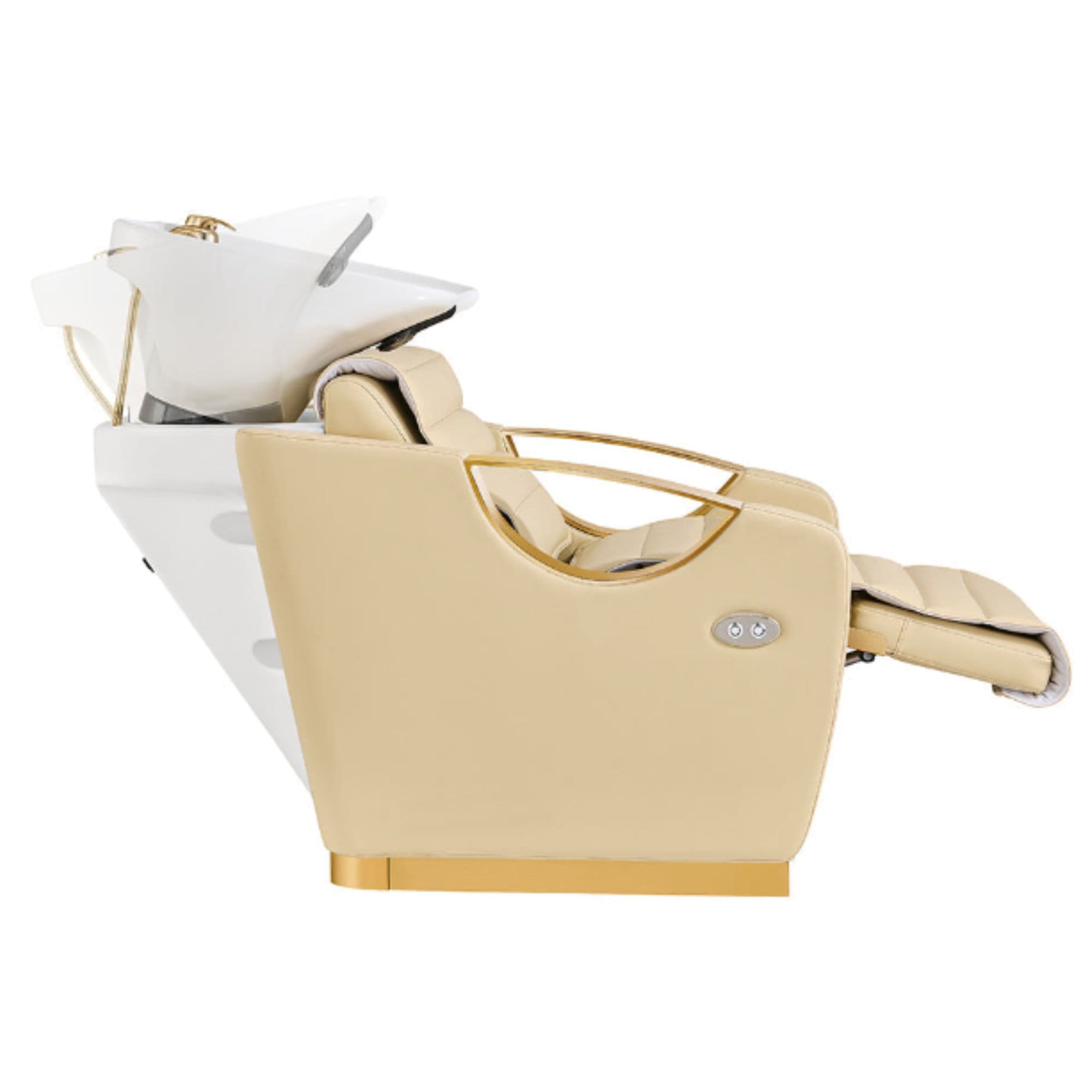 Victoria Gold Electric Shampoo Chair Beige Side View Of White Single Shampoo Wash Station Demo With Leg Rest Extended