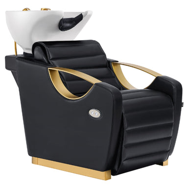 Victoria Gold Motorized Shampoo Chair Black Front Angled View Of White Single Shampoo Wash Station