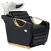 Victoria Gold Motorized Shampoo Chair Black Front Angled View Of White Single Shampoo Wash Station