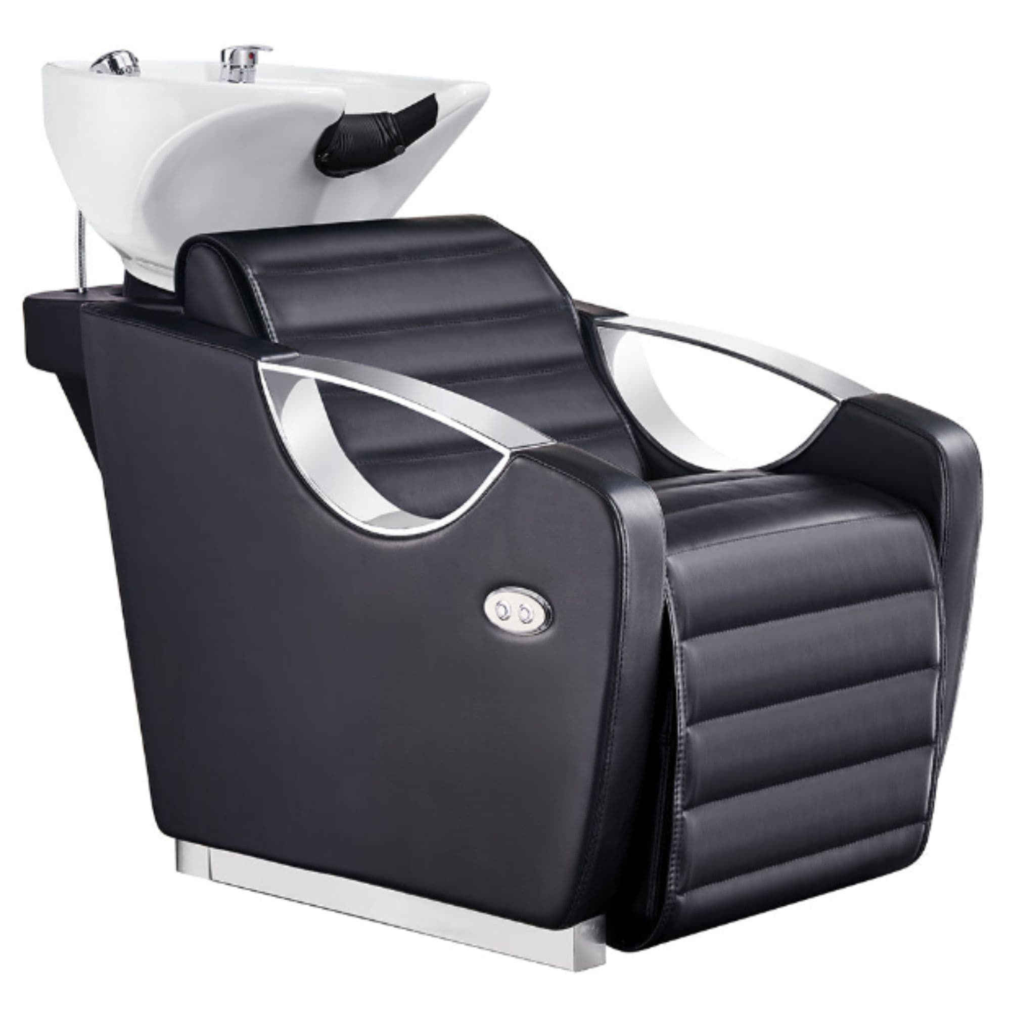 Victoria Motorized Shampoo Backwash Station Black Front Angled View With White Single Sink On WHite Background