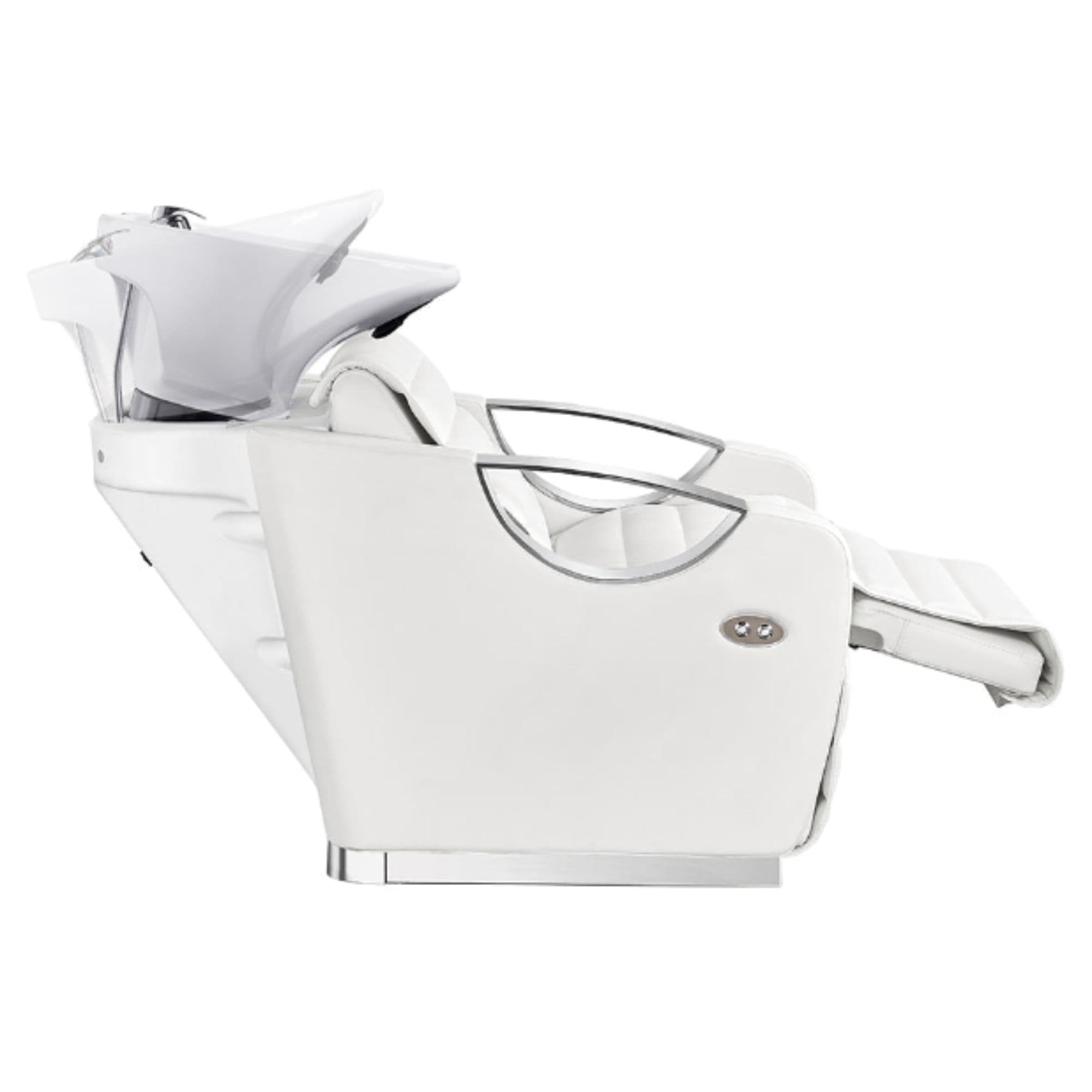 Victoria Motorized Shampoo Backwash Station White Side View With White Sink And Leg Rest Extended