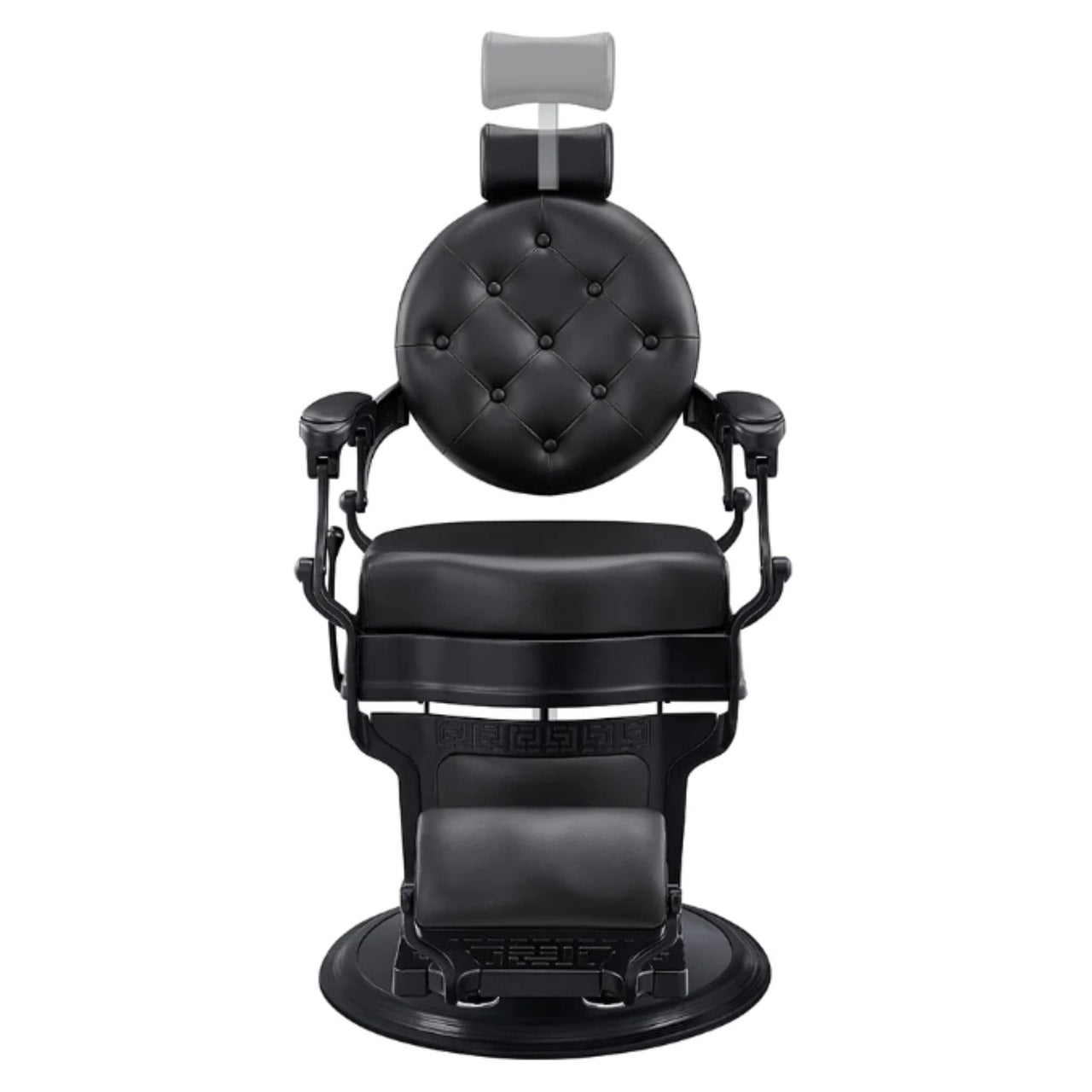 Viking Classic Barber Chair Black Variant Front View Demonstrating Pull Out Headrest Range On White Background