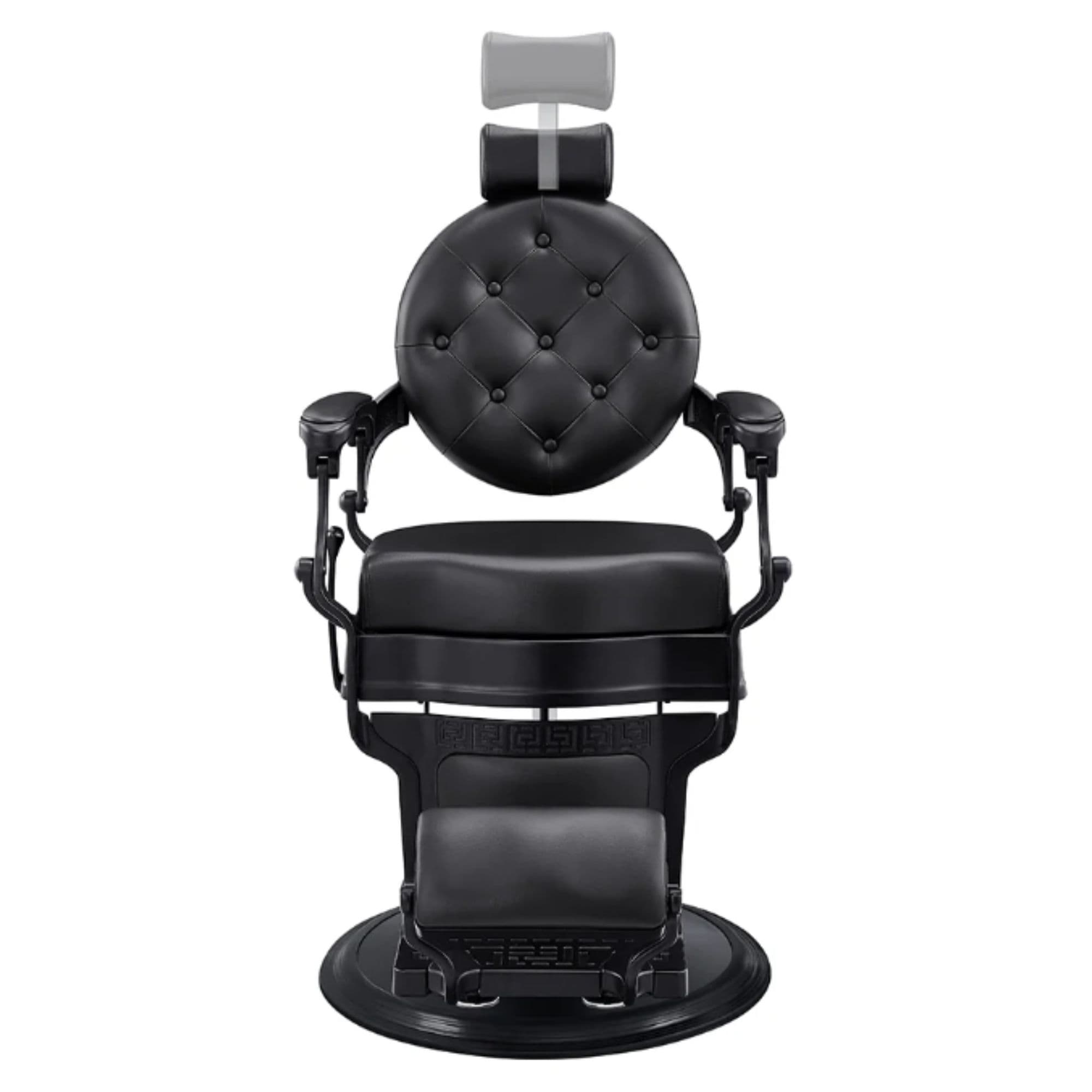Viking Classic Barber Chair Black Variant Front View Demonstrating Pull Out Headrest Range On White Background