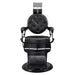 Viking Classic Barber Chair Black Variant Front View Demonstrating Pull Out Headrest Range On White Background