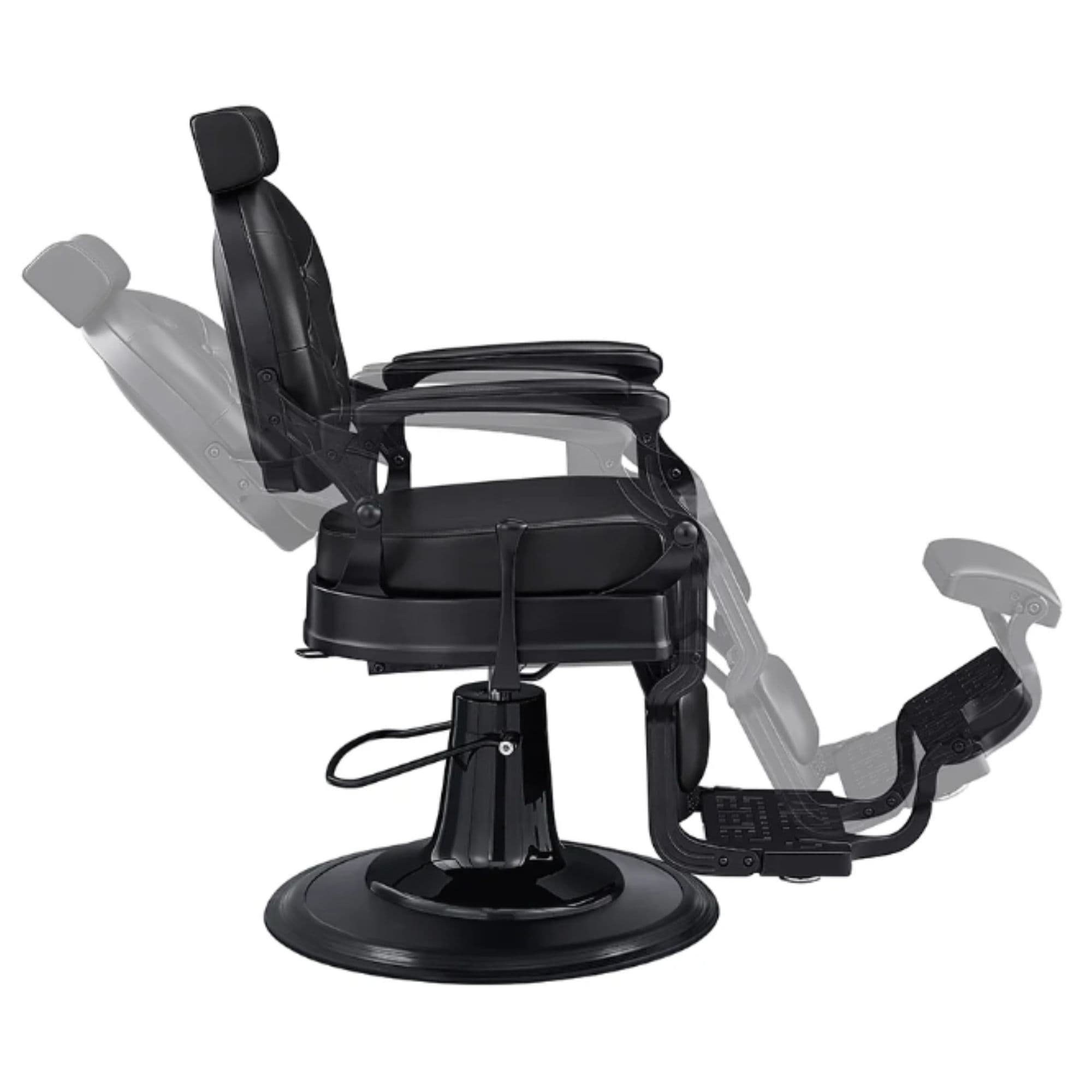Viking Classic Barber Chair Black Variant Side View Demonstrating Swing Adjustment On White Background