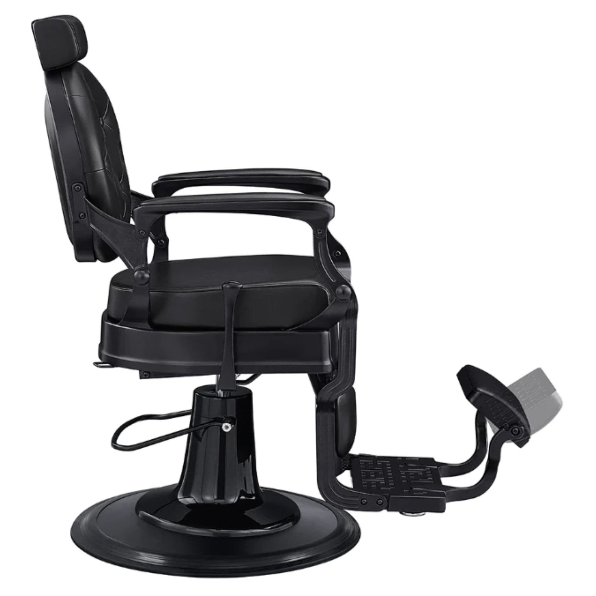 Viking Classic Barber Chair Black Variant Side View Demonstrating The Swing Range Of Foot Rest Extension On White Background