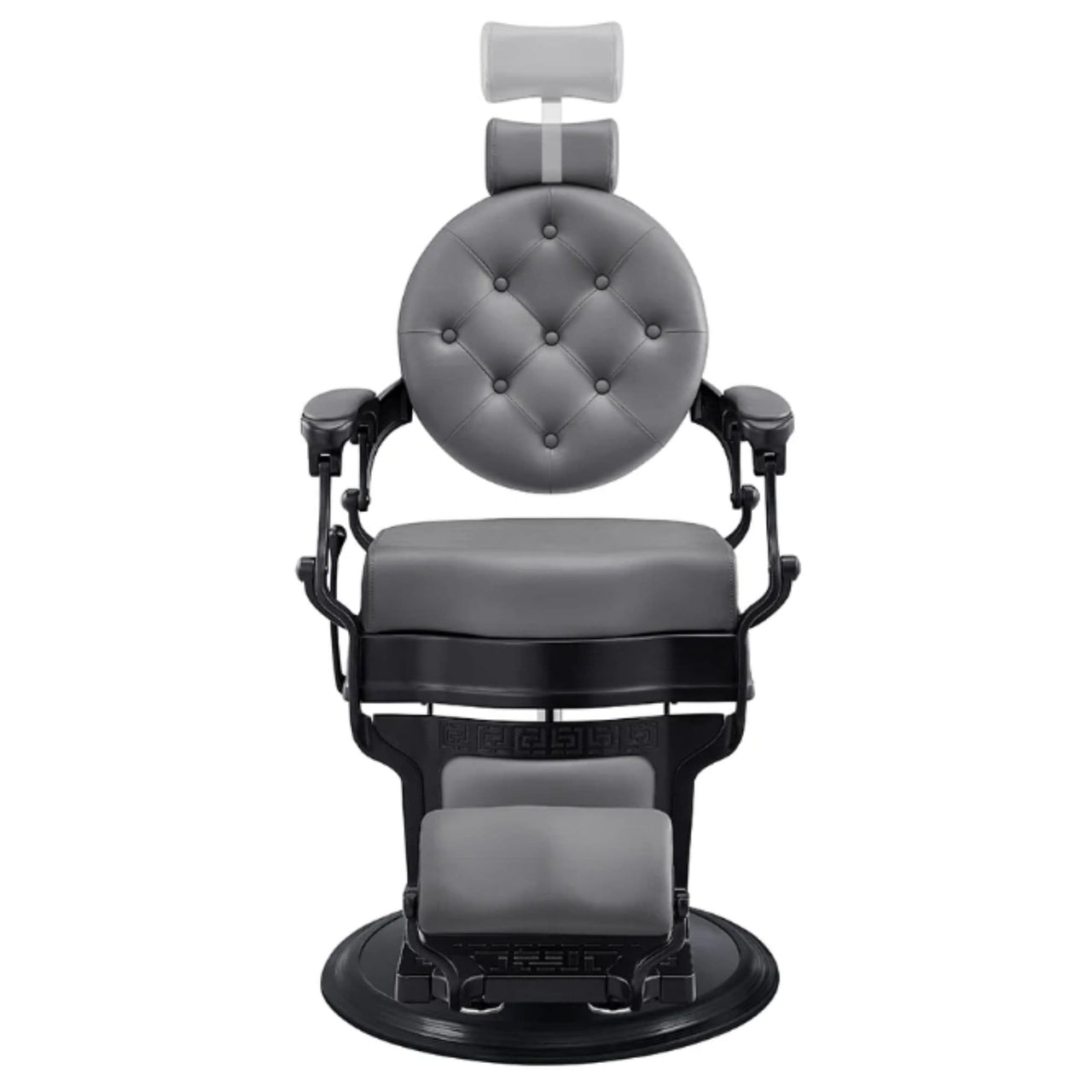 Viking Classic Barber Chair Gray Variant Front View Demonstrating Pull Out Headrest Range On White Background