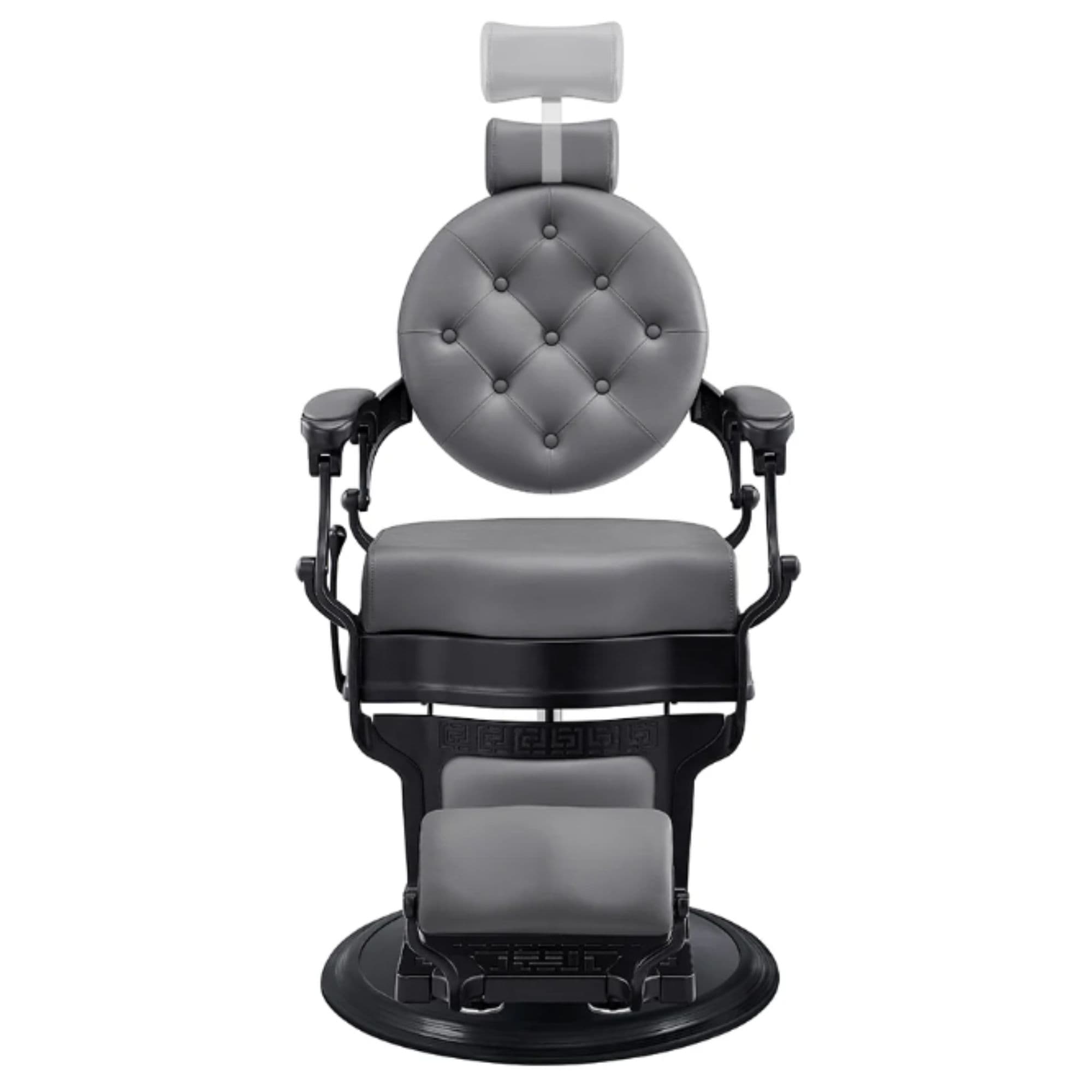 Viking Classic Barber Chair Gray Variant Front View Demonstrating Pull Out Headrest Range On White Background