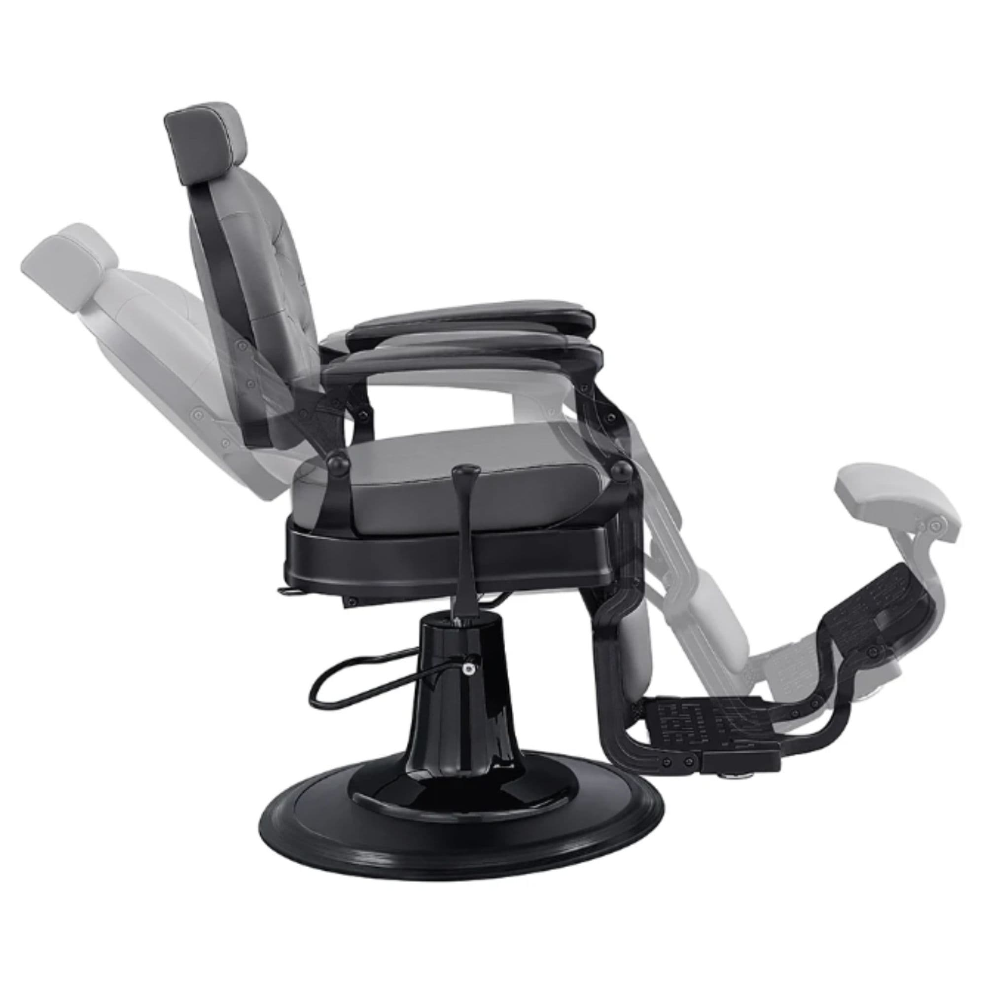 Viking Classic Barber Chair Gray Variant Side View Demonstrating Swing Adjustment On White Background