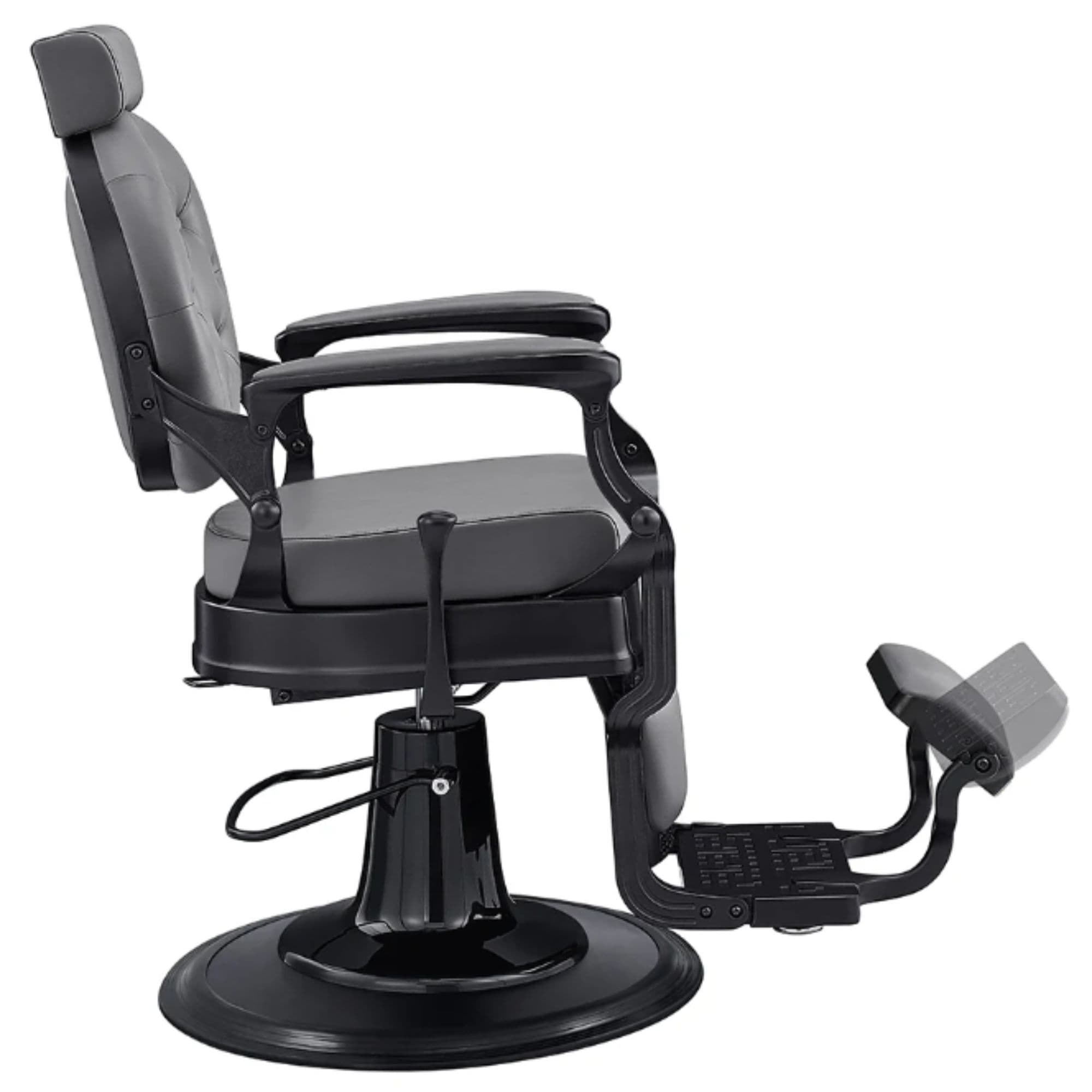 Viking Classic Barber Chair Gray Variant Side View Demonstrating The Swing Range Of Foot Rest Extension On White Background