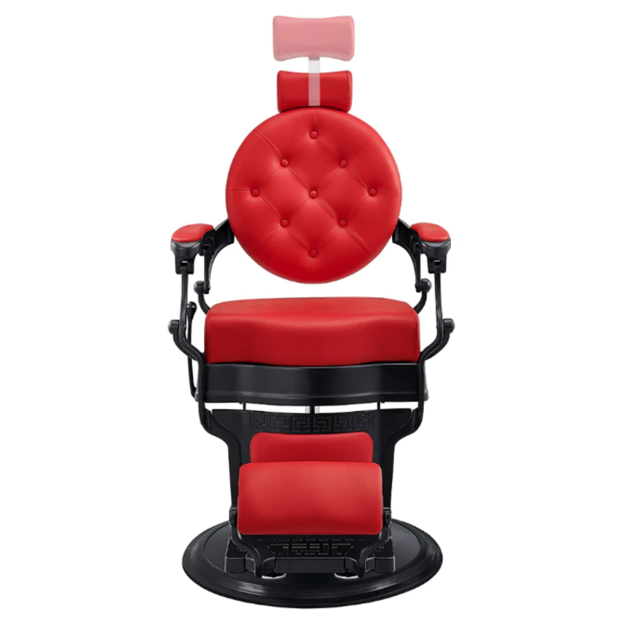 Viking Classic Barber Chair Red Variant Front View Demonstrating Pull Out Headrest Range On White Background
