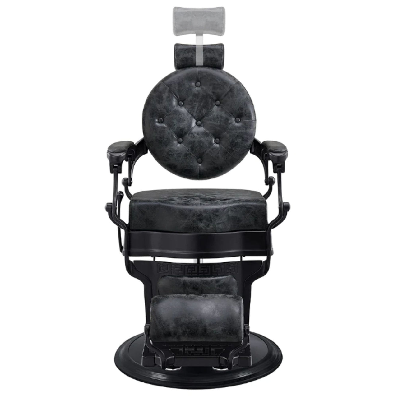 Viking Classic Barber Chair Vintage Black Variant Front View Demonstrating Pull Out Headrest Range On White Background