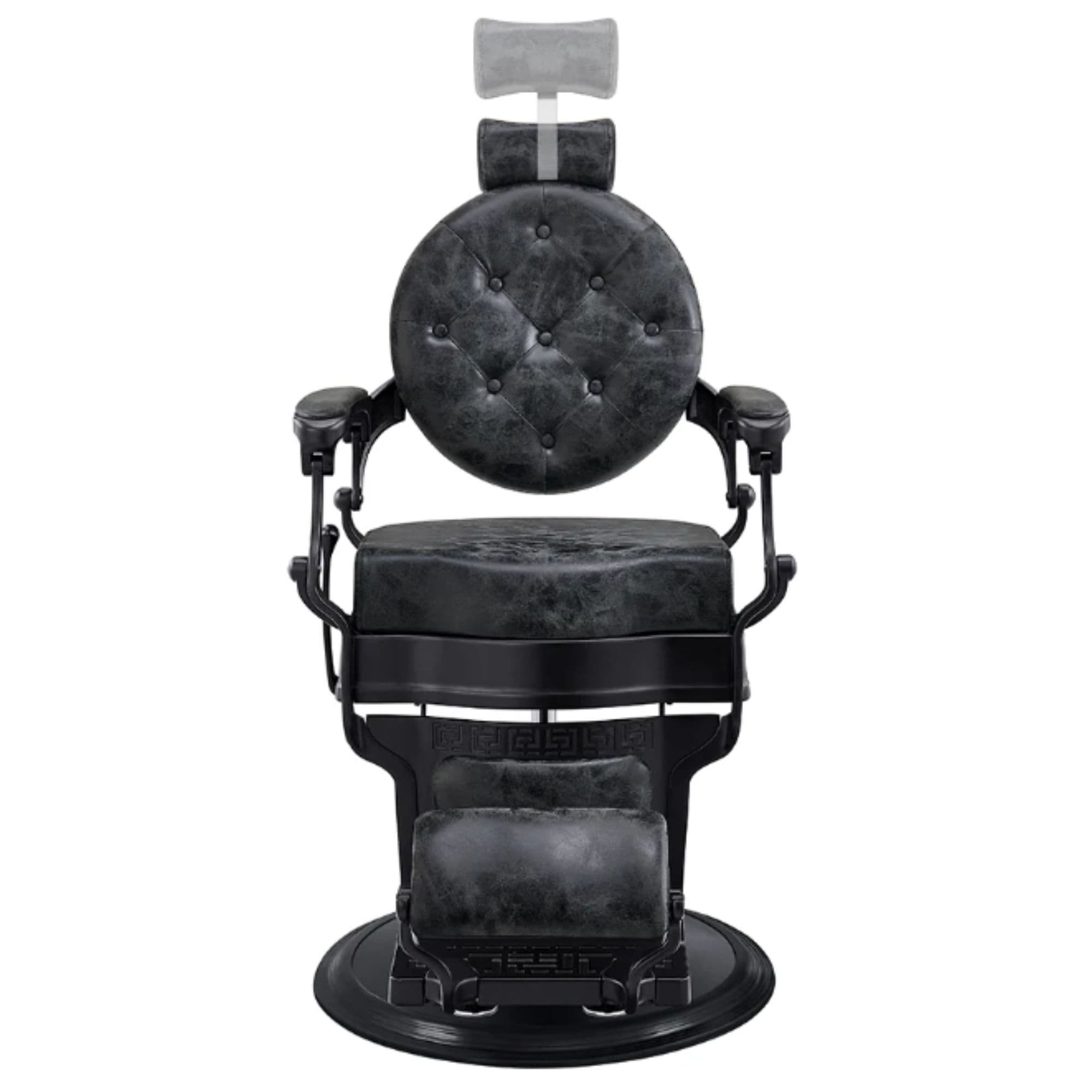 Viking Classic Barber Chair Vintage Black Variant Front View Demonstrating Pull Out Headrest Range On White Background