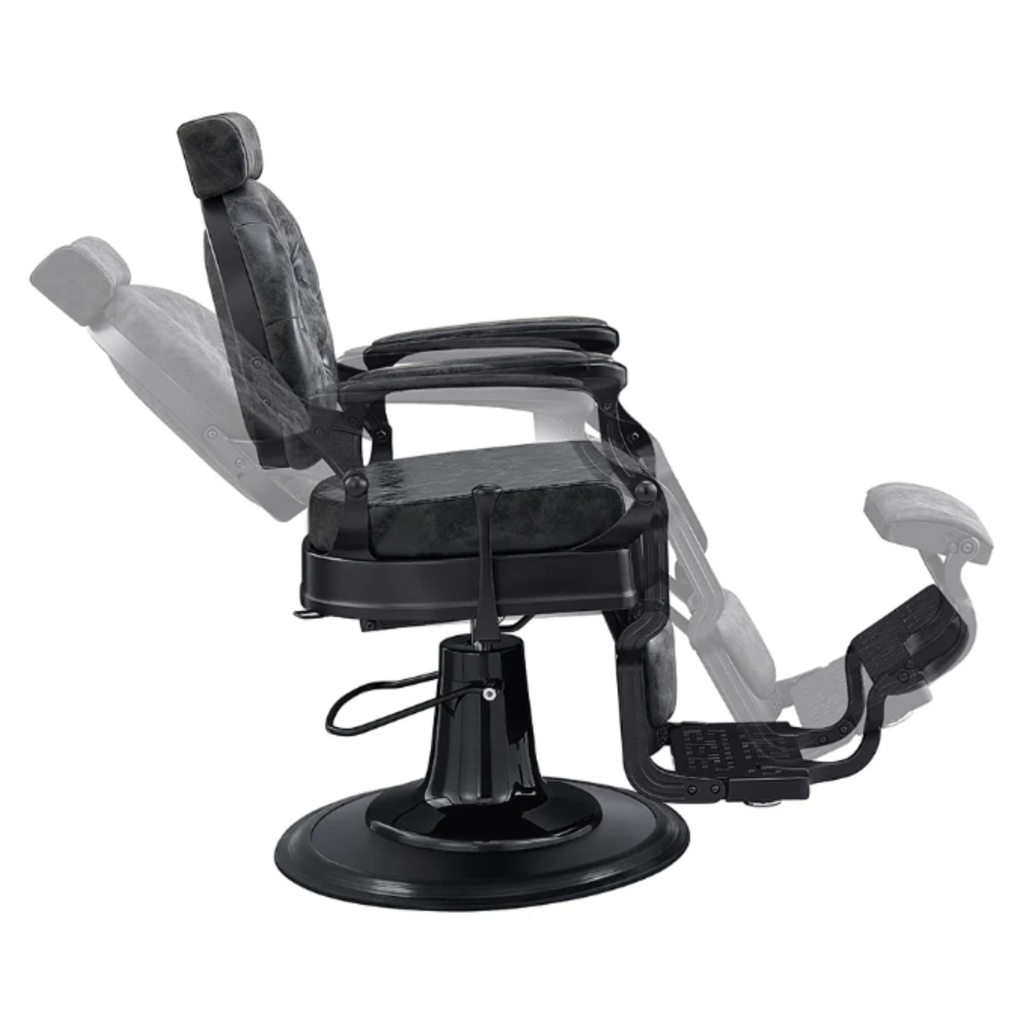 Viking Classic Barber Chair Vintage Black Variant Side View Demonstrating Swing Adjustment On White Background