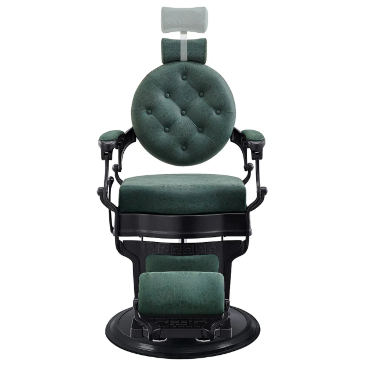 Viking Classic Barber Chair Vintage Green Variant Front View Demonstrating Pull Out Headrest Range On White Background