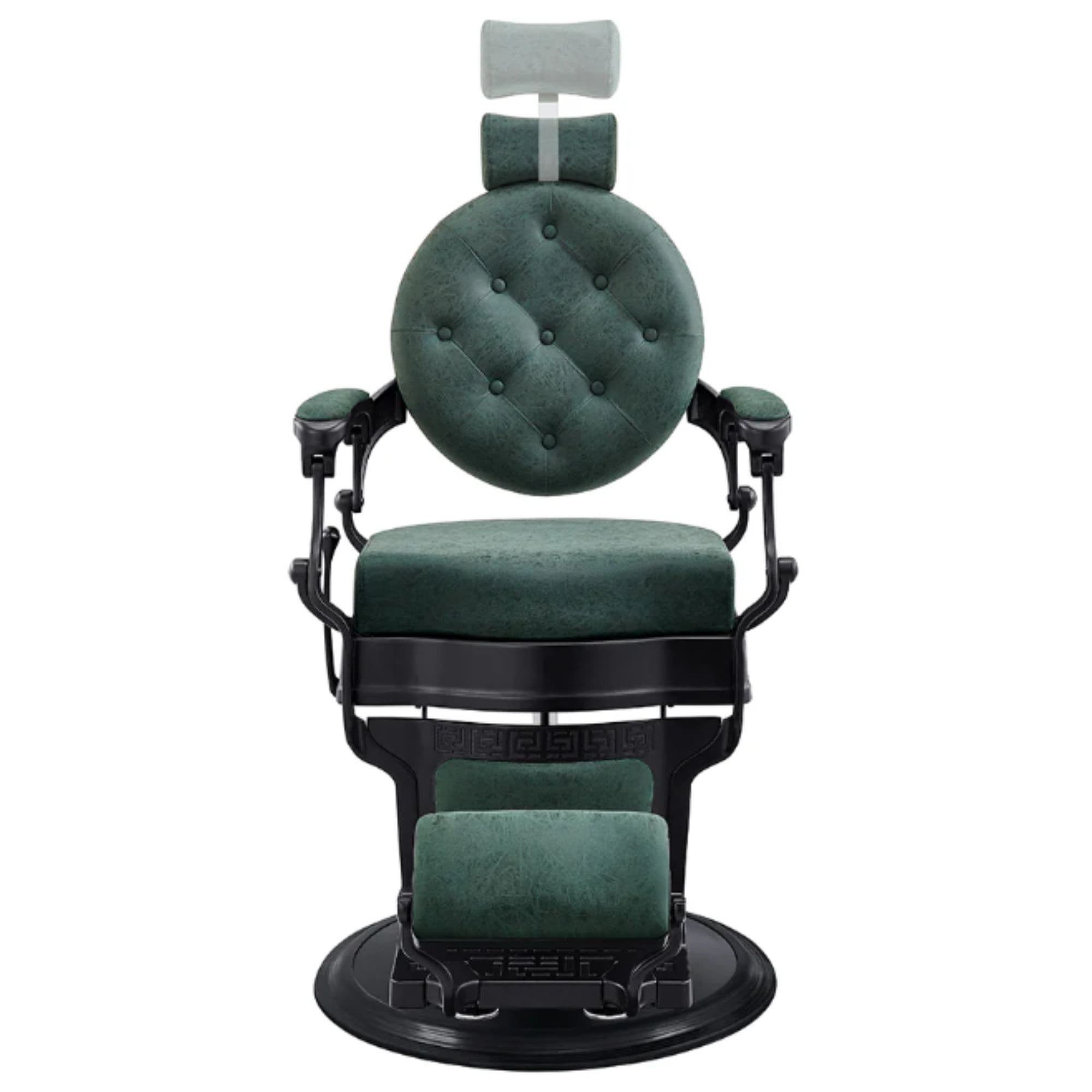 Viking Classic Barber Chair Vintage Green Variant Front View Demonstrating Pull Out Headrest Range On White Background