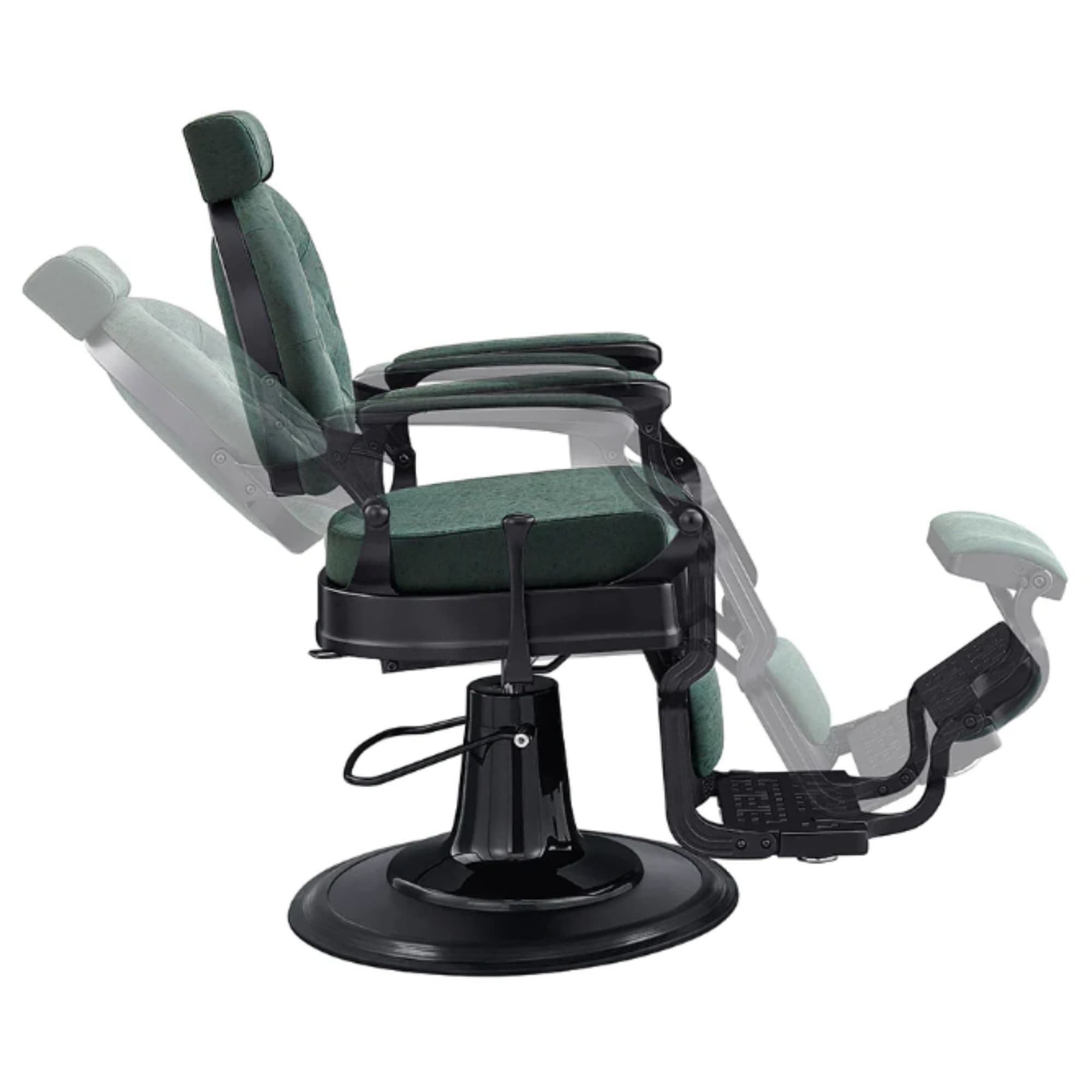 Viking Classic Barber Chair Vintage Green Variant Side View Demonstrating Swing Adjustment On White Background