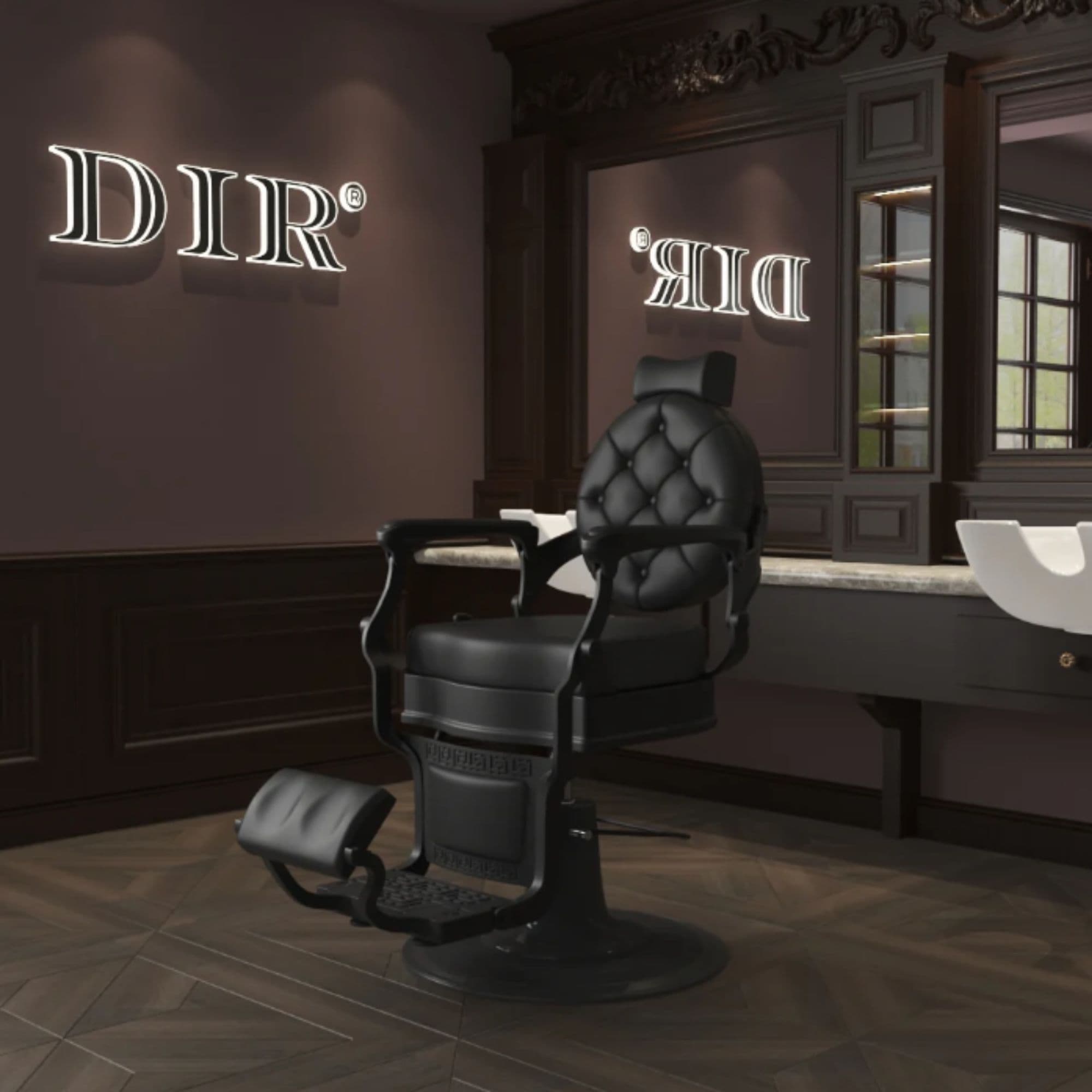 Viking Heavy Duty Classic Barber Chair Black Variant Front Angled View With Mirror A Chocolate Brown Wall And A Brand Name In The Background