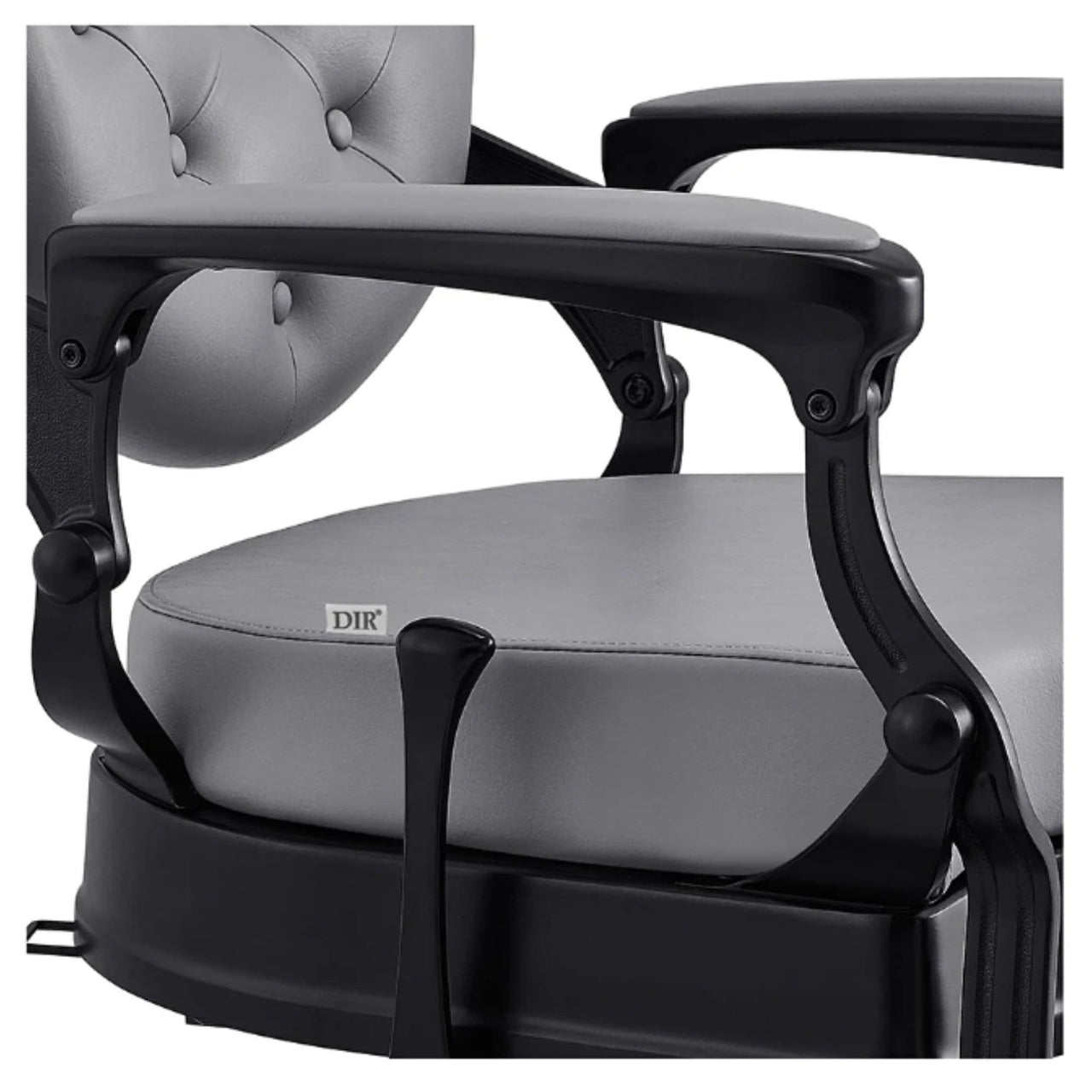 Viking Heavy Duty Classic Barber Chair Close-Up View Of Decorative Armrest Support And Gray Upholstered Seat
