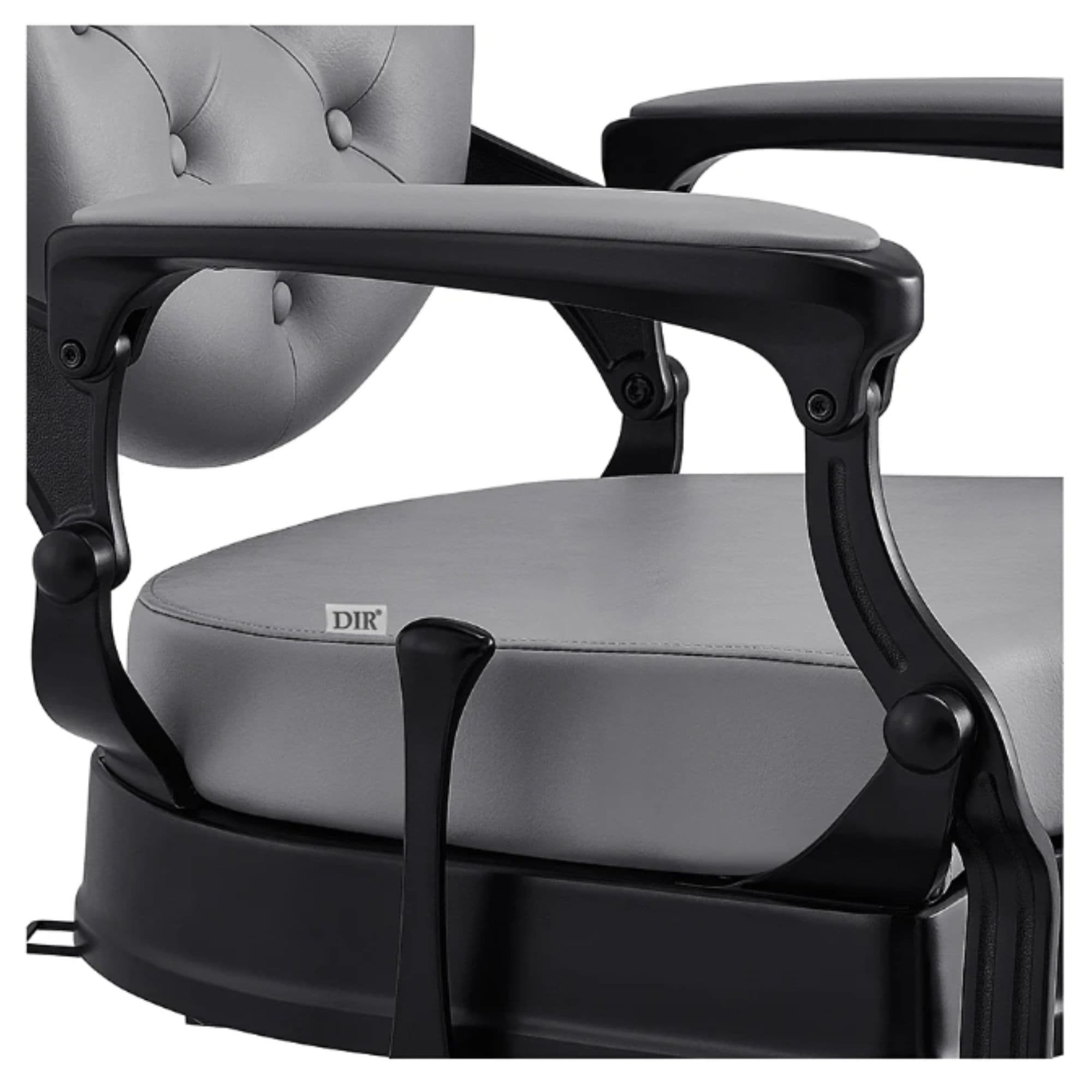 Viking Heavy Duty Classic Barber Chair Close-Up View Of Decorative Armrest Support And Gray Upholstered Seat