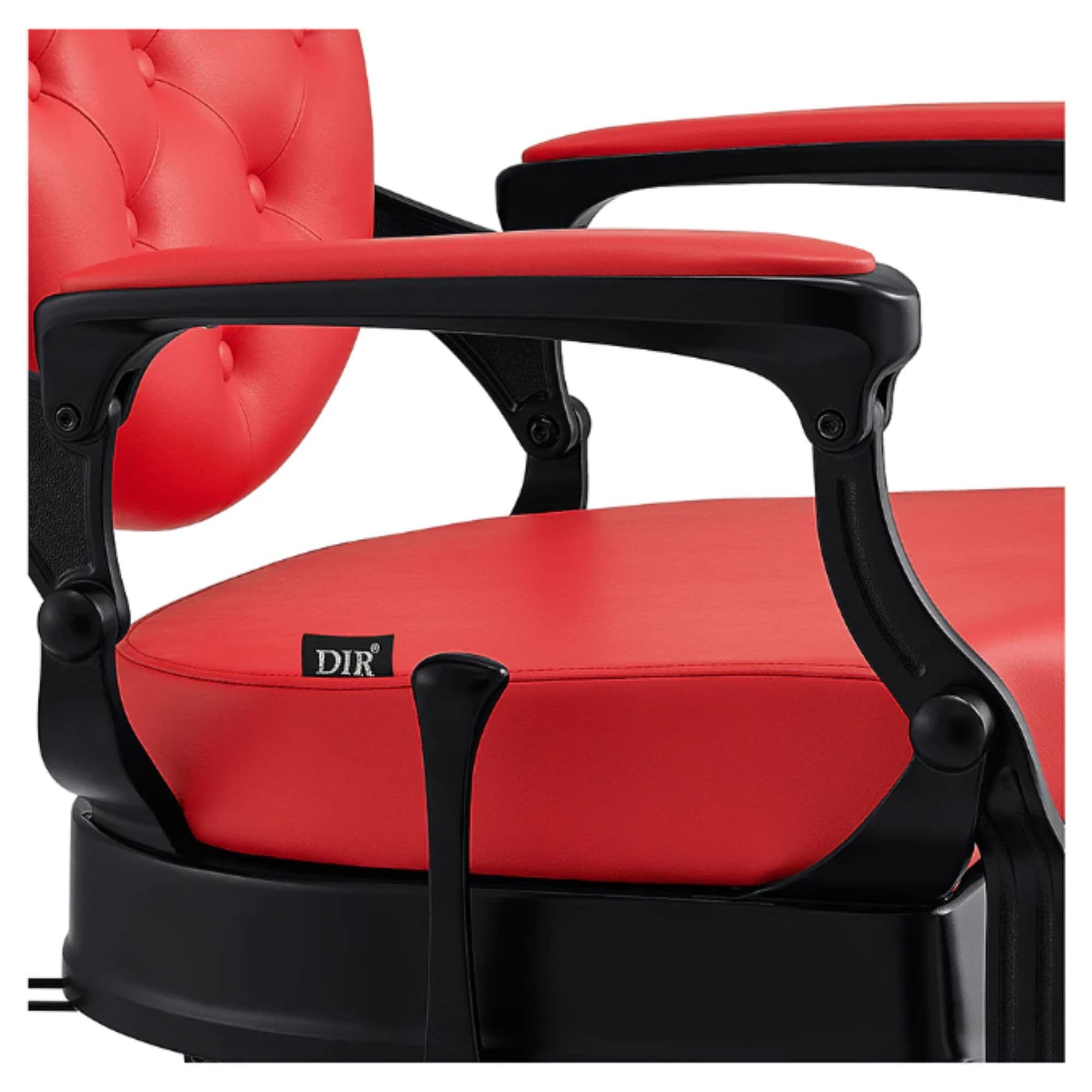 Viking Heavy Duty Classic Barber Chair Close-Up View Of Decorative Armrest Support And Red Upholstered Seat