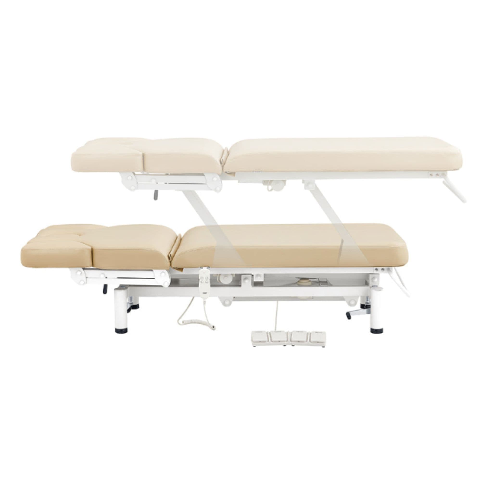 VitalEarth 2-Motors Treatment Table and Wellness Therapy Bed Beige Color Side View And Fully Reclined Showing An Up And Down Adjustment With Foot Controls On White Background