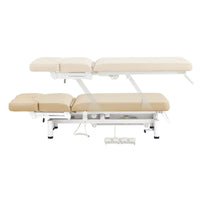 Thumbnail for VitalEarth 2-Motors Treatment Table and Wellness Therapy Bed Beige Color Side View And Fully Reclined Showing An Up And Down Adjustment With Foot Controls On White Background