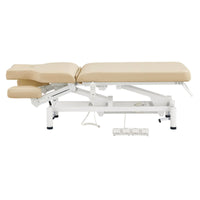 Thumbnail for VitalEarth 2-Motors Treatment Table and Wellness Therapy Bed Beige Color Side View And Fully Reclined With Slightly Down Side Cushion Foot Control On White Background