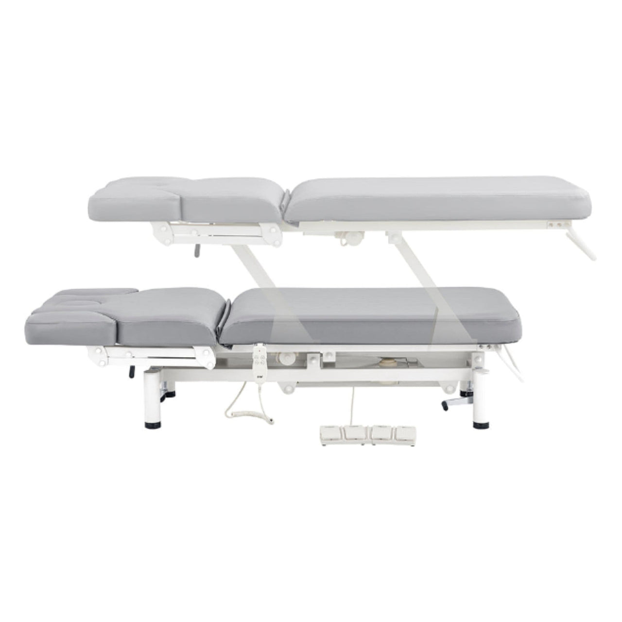 VitalEarth 2-Motors Treatment Table and Wellness Therapy Bed Gray Color Side View And Fully Reclined Showing An Up And Down Adjustment With Foot Controls On White Background