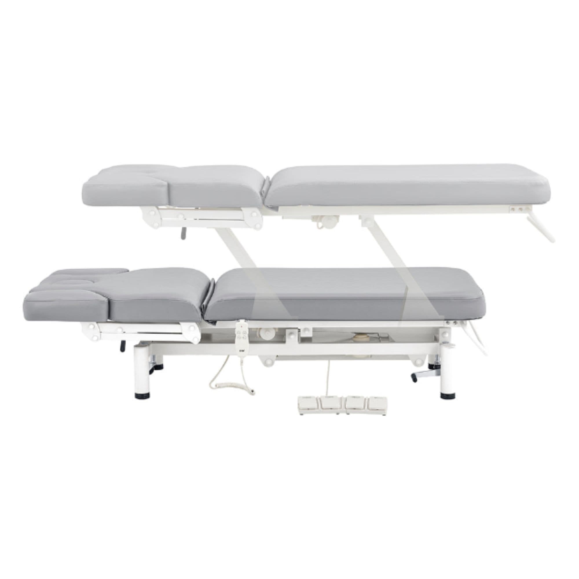 VitalEarth 2-Motors Treatment Table and Wellness Therapy Bed Gray Color Side View And Fully Reclined Showing An Up And Down Adjustment With Foot Controls On White Background