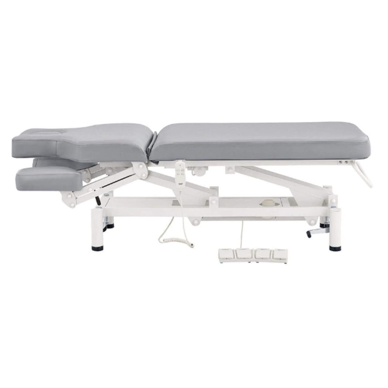 VitalEarth 2-Motors Treatment Table and Wellness Therapy Bed Gray Color Side View And Fully Reclined With Slightly Down Side Cushion Foot Control On White Background
