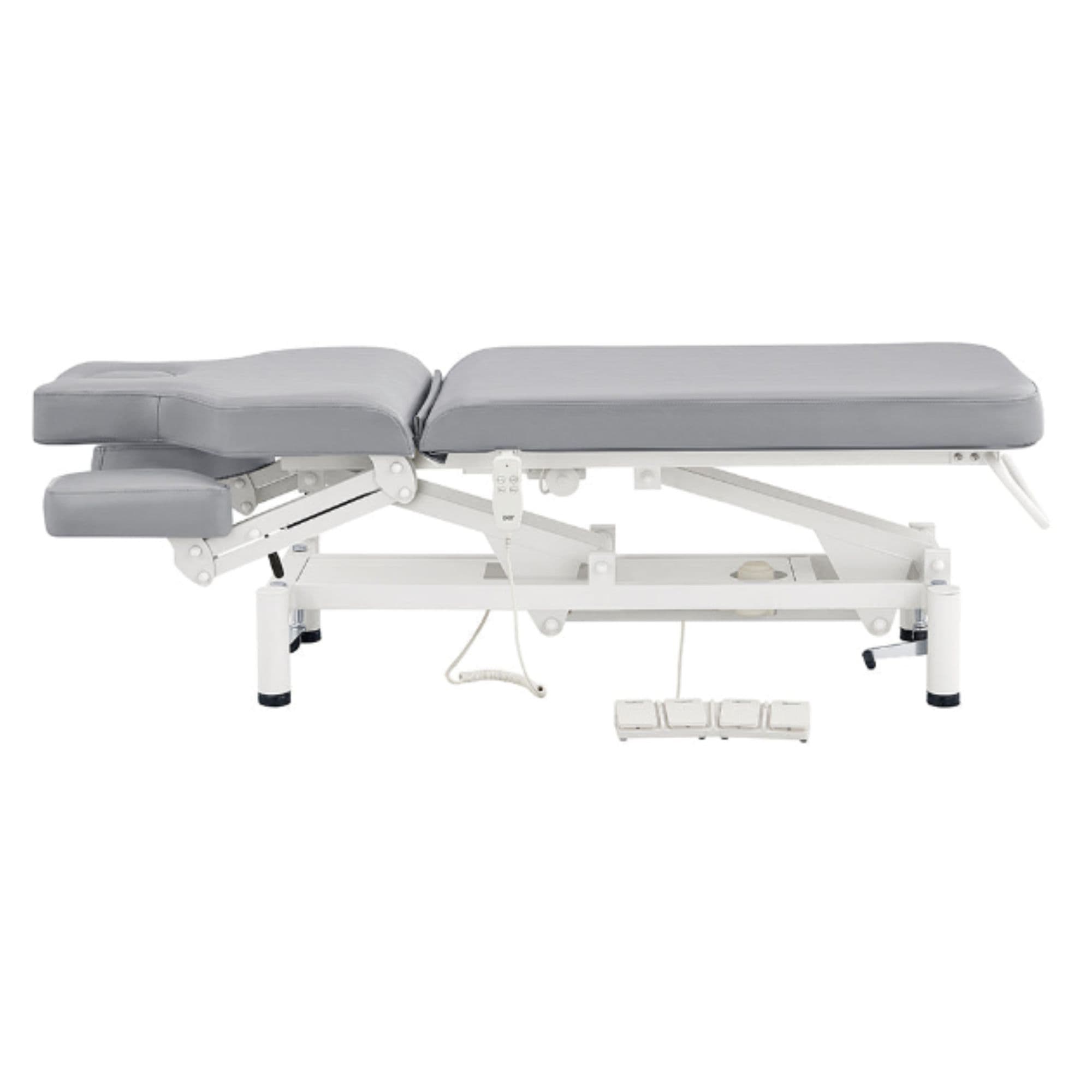 VitalEarth 2-Motors Treatment Table and Wellness Therapy Bed Gray Color Side View And Fully Reclined With Slightly Down Side Cushion Foot Control On White Background