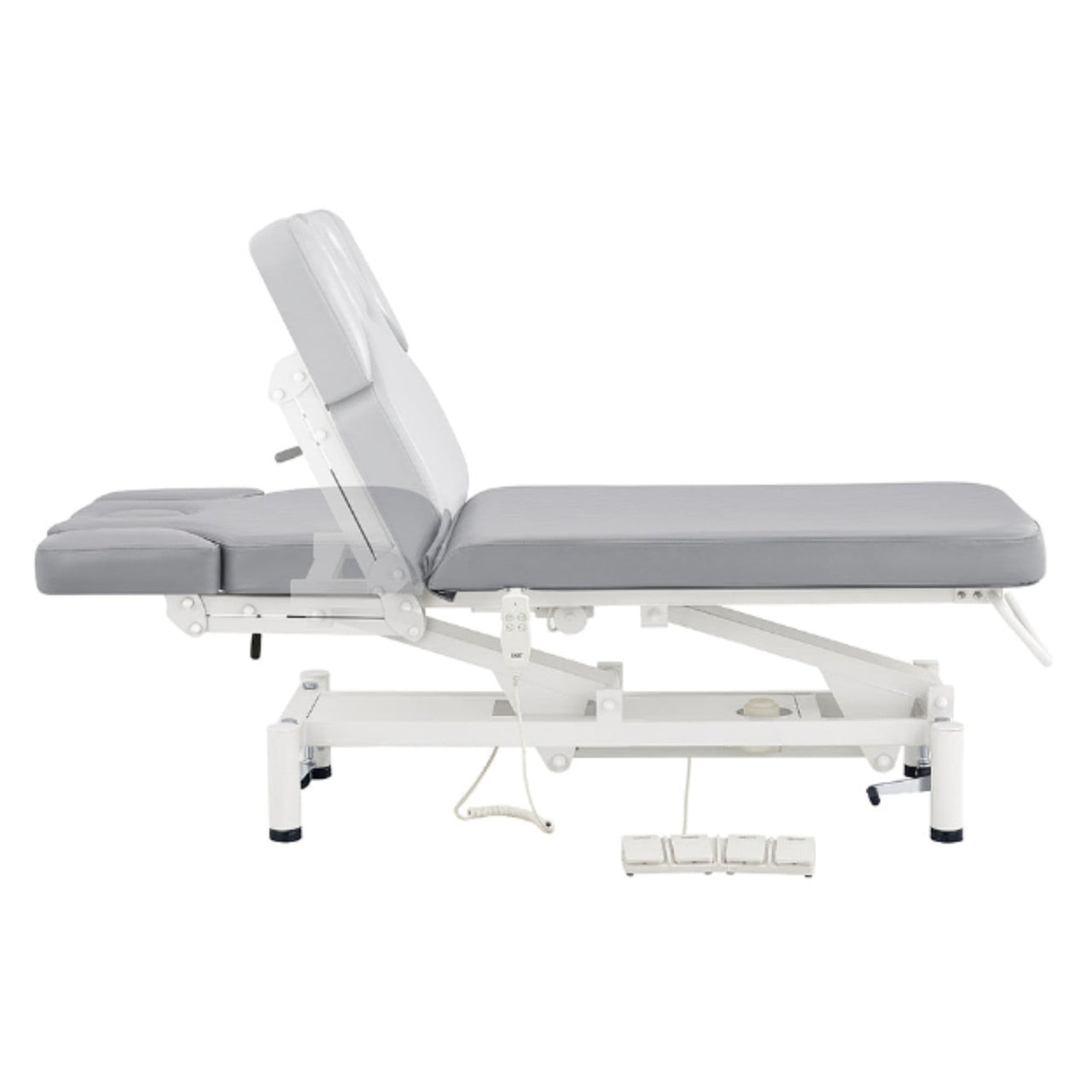 VitalEarth 2-Motors Treatment Table and Wellness Therapy Bed Gray Color Side View With Foot Control And Head Section Adjustment Demo On White Background