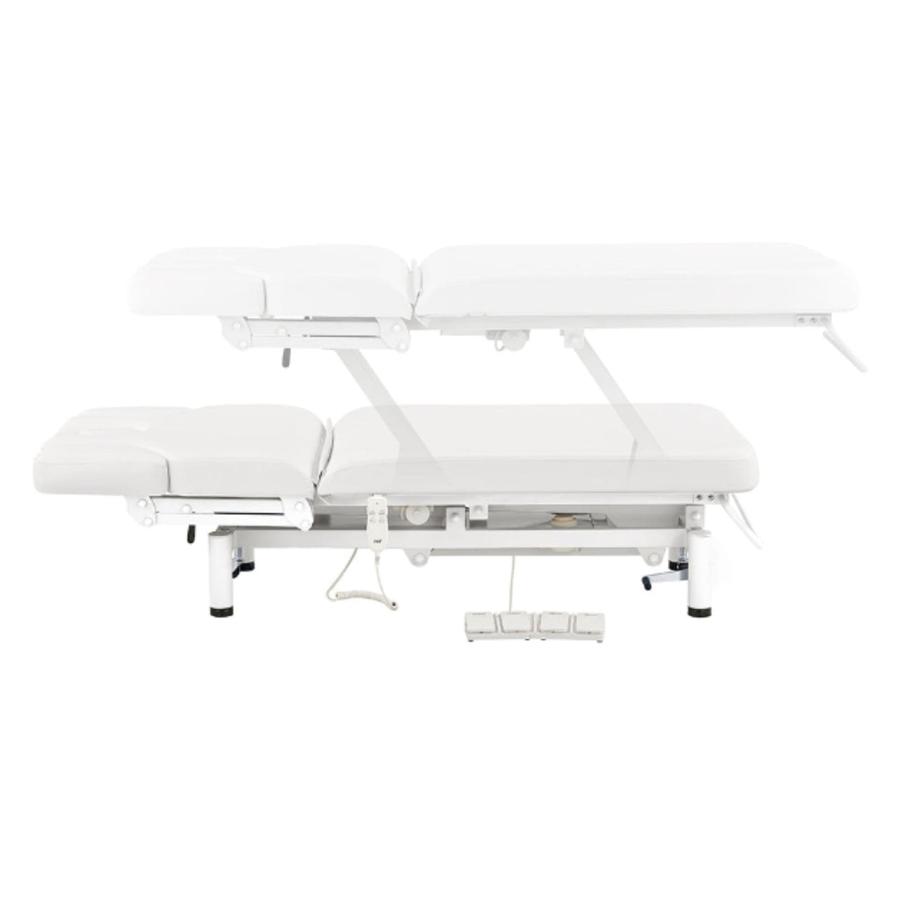 VitalEarth 2-Motors Treatment Table and Wellness Therapy Bed White Color Side View And Fully Reclined Showing An Up And Down Adjustment With Foot Controls On White Background