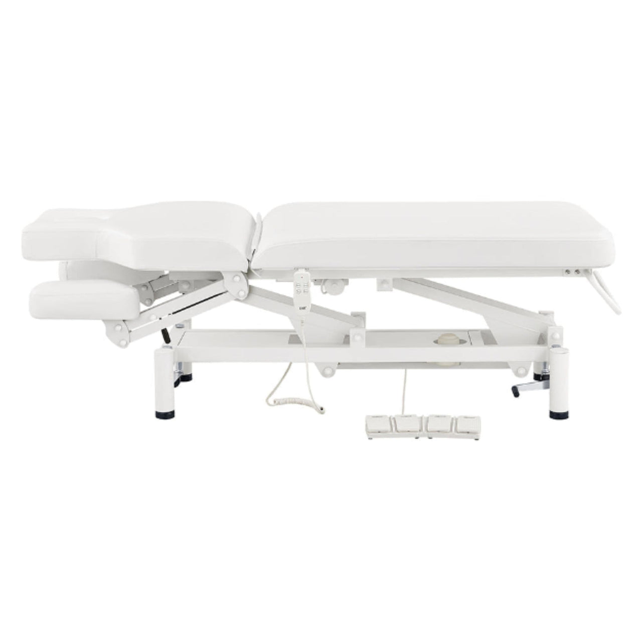 VitalEarth 2-Motors Treatment Table and Wellness Therapy Bed White Color Side View And Fully Reclined With Slightly Down Side Cushion Foot Control On White Background