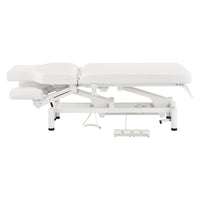 Thumbnail for VitalEarth 2-Motors Treatment Table and Wellness Therapy Bed White Color Side View And Fully Reclined With Slightly Down Side Cushion Foot Control On White Background