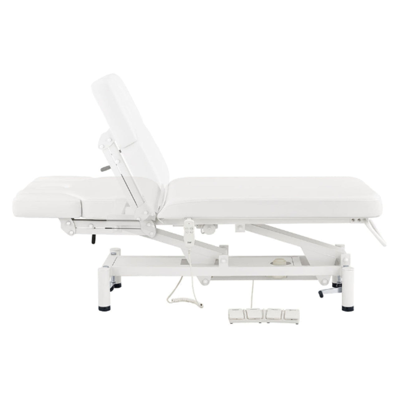 VitalEarth 2-Motors Treatment Table and Wellness Therapy Bed White Color Side View With Foot Control And Head Section Adjustment Demo On White Background
