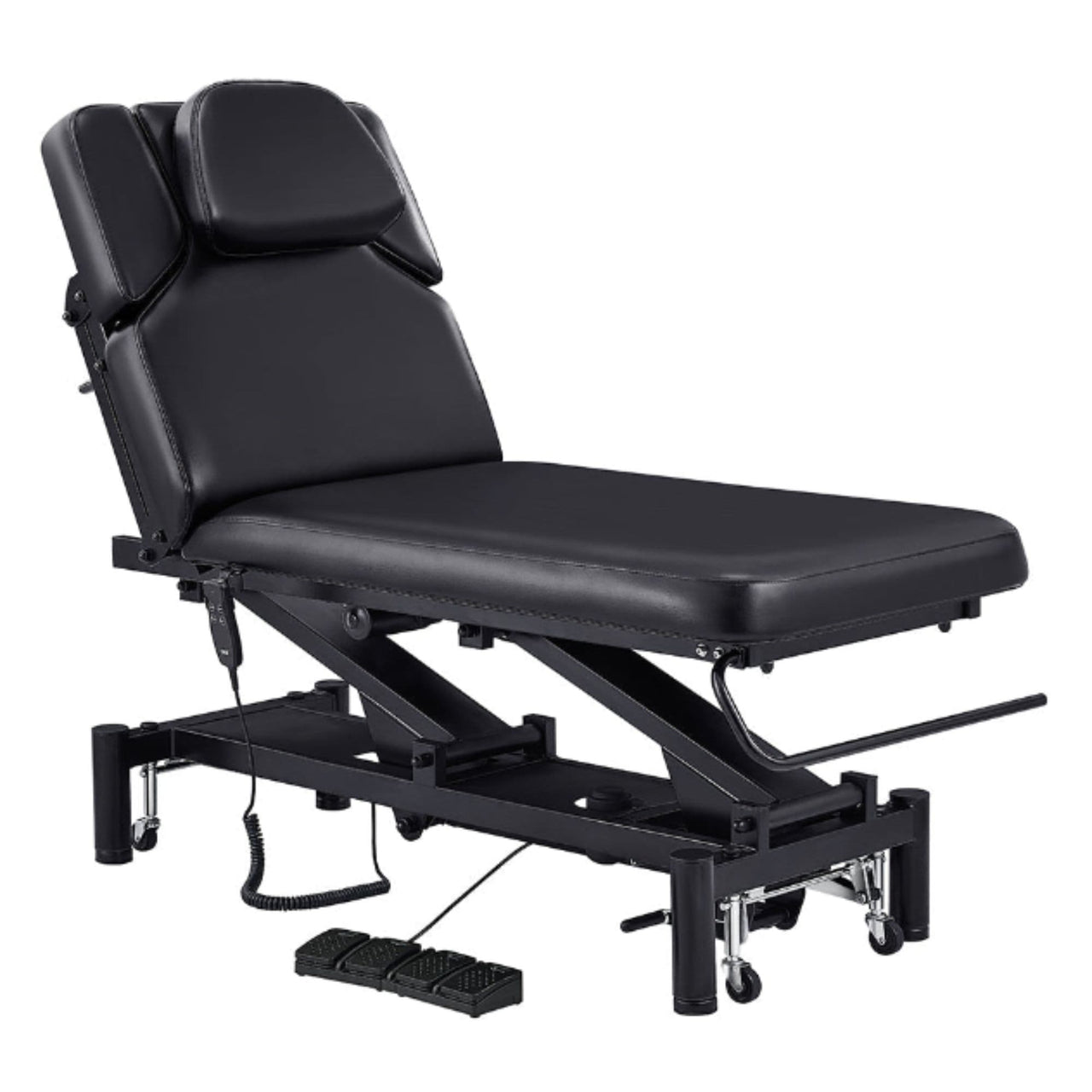 VitalEarth Dual-Motor Wellness Treatment Bed Black Color Front Angled View With Face Cradle And Foot Controls On White Background