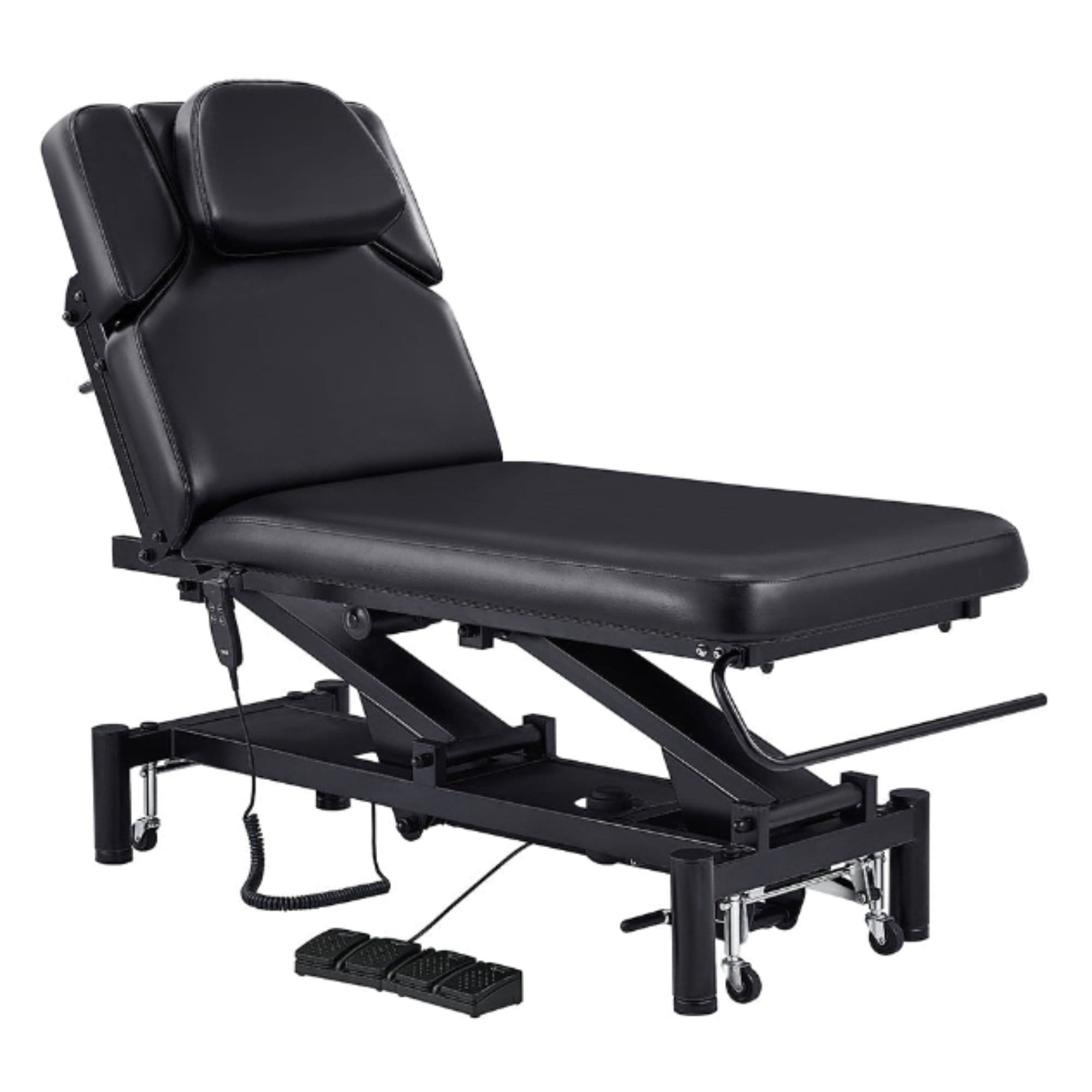 VitalEarth Dual-Motor Wellness Treatment Bed Black Color Front Angled View With Face Cradle And Foot Controls On White Background