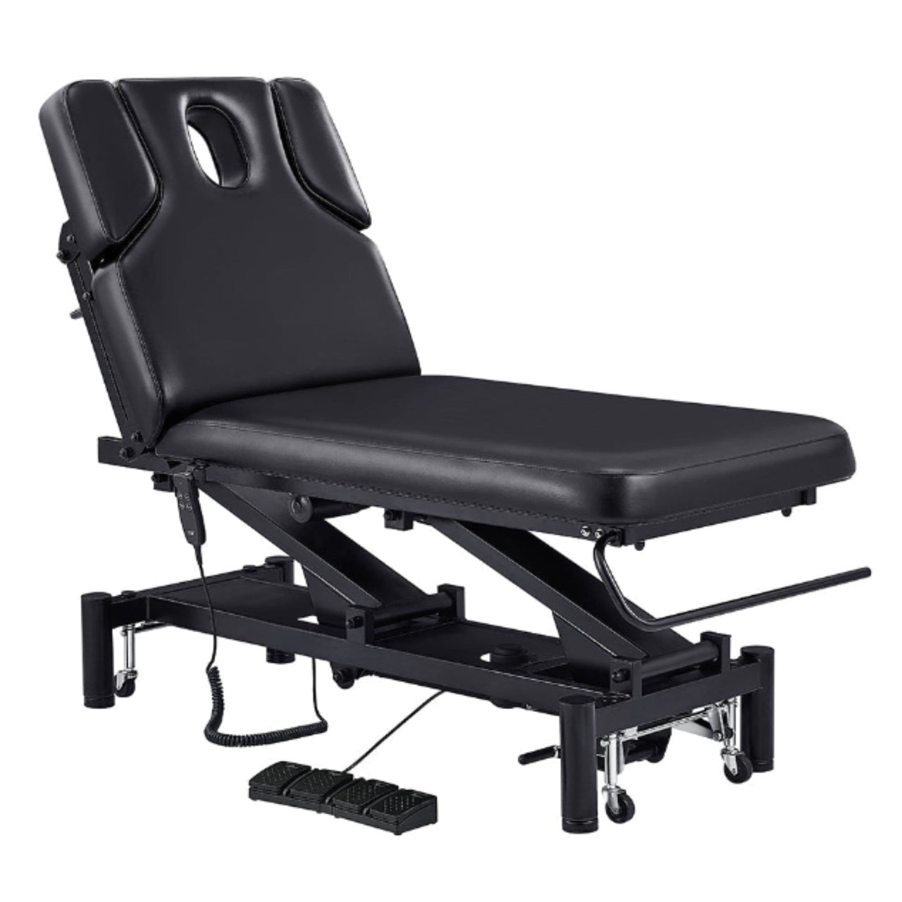 VitalEarth Dual-Motor Wellness Treatment Bed Black Color Front Angled View With Face Hole And Foot Controls On White Background