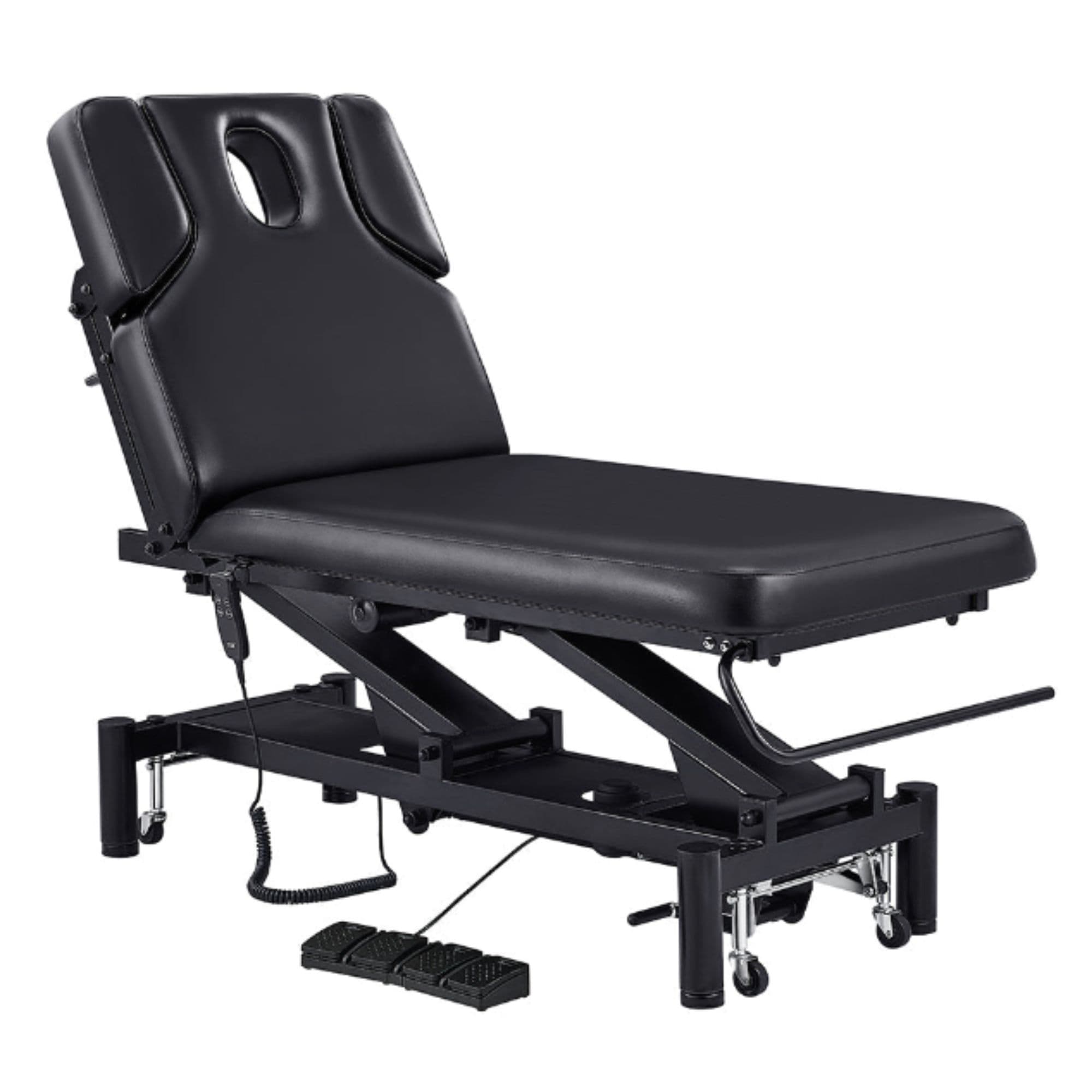 VitalEarth Dual-Motor Wellness Treatment Bed Black Color Front Angled View With Face Hole And Foot Controls On White Background