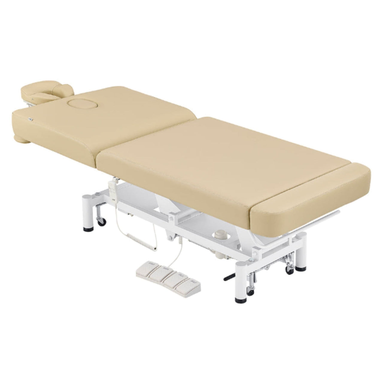 WellRelax 2-Motors Therapy Treatment Table with Tilting Cradle Pillow Beige Color Angled Top View Fully Reclined With Cradle And Foot Control On White Background