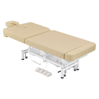 Thumbnail for WellRelax 2-Motors Therapy Treatment Table with Tilting Cradle Pillow Beige Color Angled Top View Fully Reclined With Cradle And Foot Control On White Background