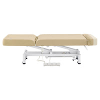 Thumbnail for WellRelax 2-Motors Therapy Treatment Table with Tilting Cradle Pillow Beige Color Side View With Foot Control On White Background