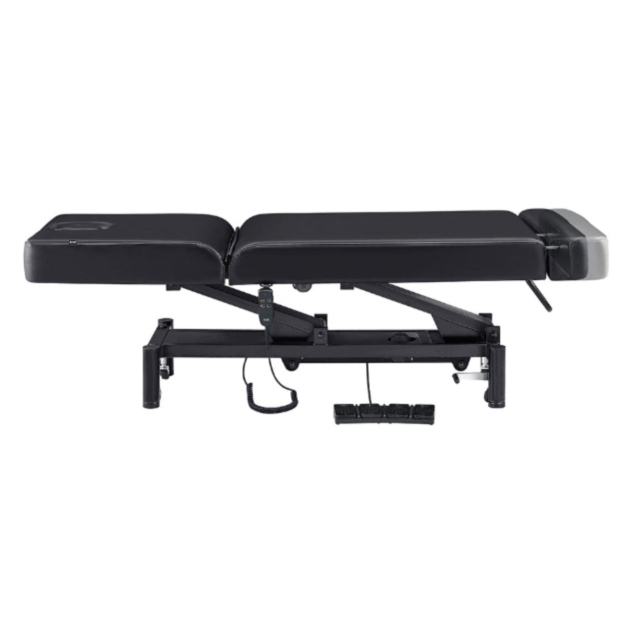 WellRelax 2-Motors Therapy Treatment Table with Tilting Cradle Pillow Black Color Side View Fully Reclined With Foot Control On White Background