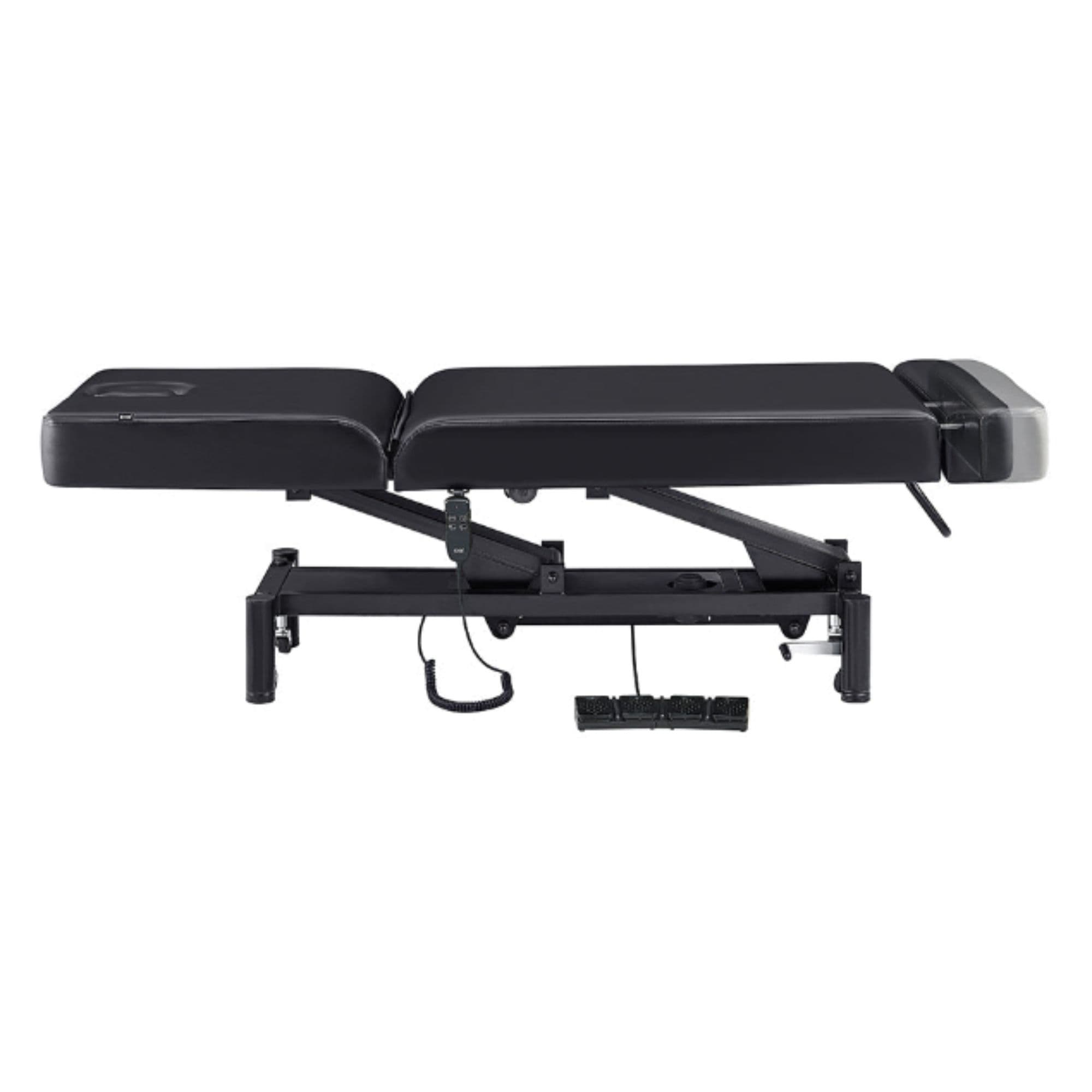 WellRelax 2-Motors Therapy Treatment Table with Tilting Cradle Pillow Black Color Side View Fully Reclined With Foot Control On White Background